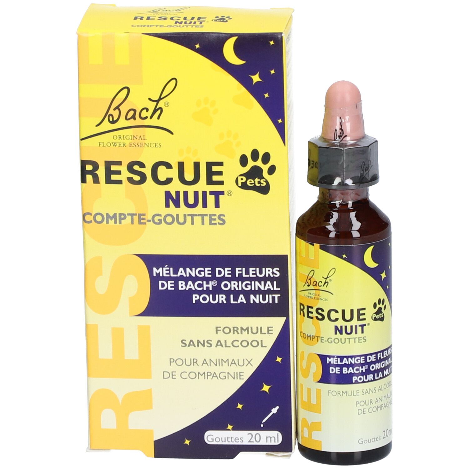 Produit RESCUE Nuit® Pets avec emballage. Flacon et boîte. Inscription: Mélange de fleurs pour animaux. 20ml.