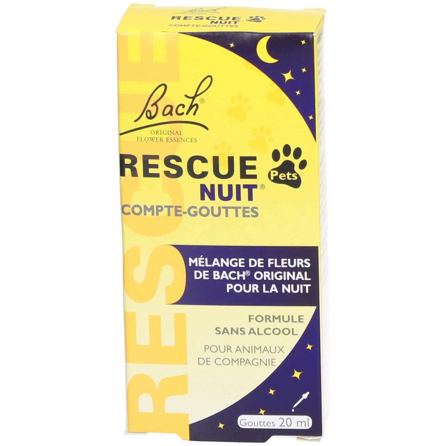 Emballage de RESCUE Nuit® Pets. Inscription: Mélange de fleurs pour animaux. 20ml. Avec lune et étoiles.