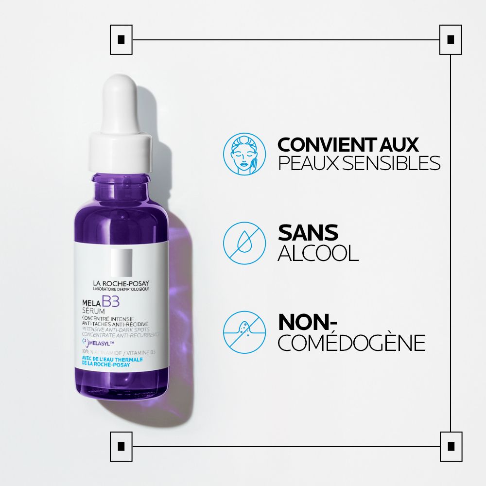 Flacon pipette sérum La Roche-Posay Mela B3 avec symboles pour peaux sensibles.