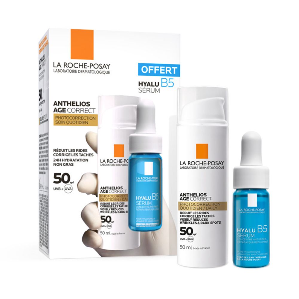 Coffret La Roche-Posay. Soin solaire et sérum Hyalu B5. Emballage blanc. Flacons bleus et blancs.