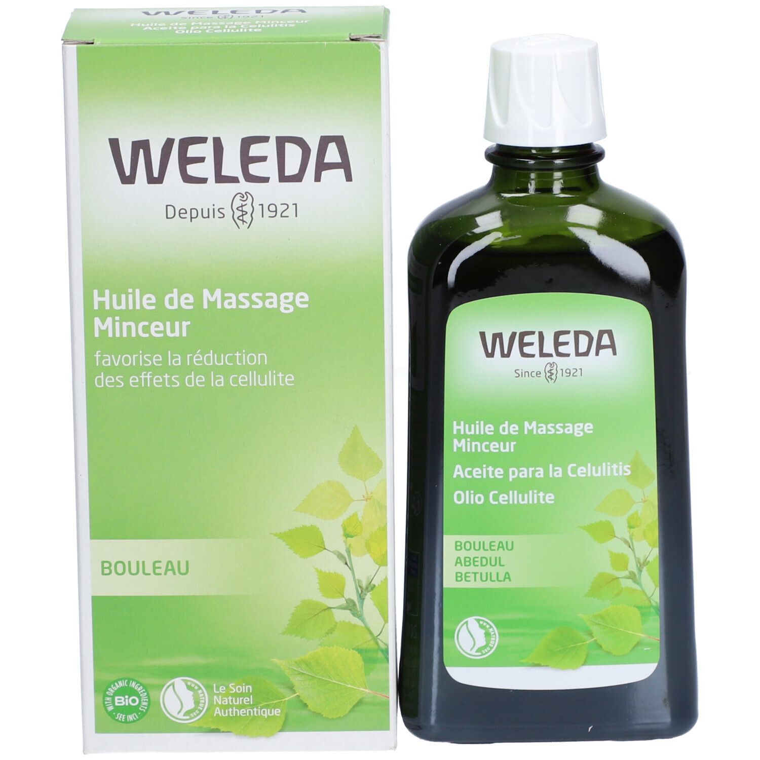 Flacon et emballage du produit côte à côte. Emballage vert avec nom du produit et marque WELEDA. Certifications.