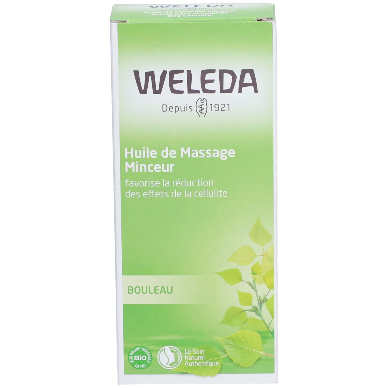 Emballage vert du produit. Nom du produit, marque WELEDA et certifications. Texte en plusieurs langues.