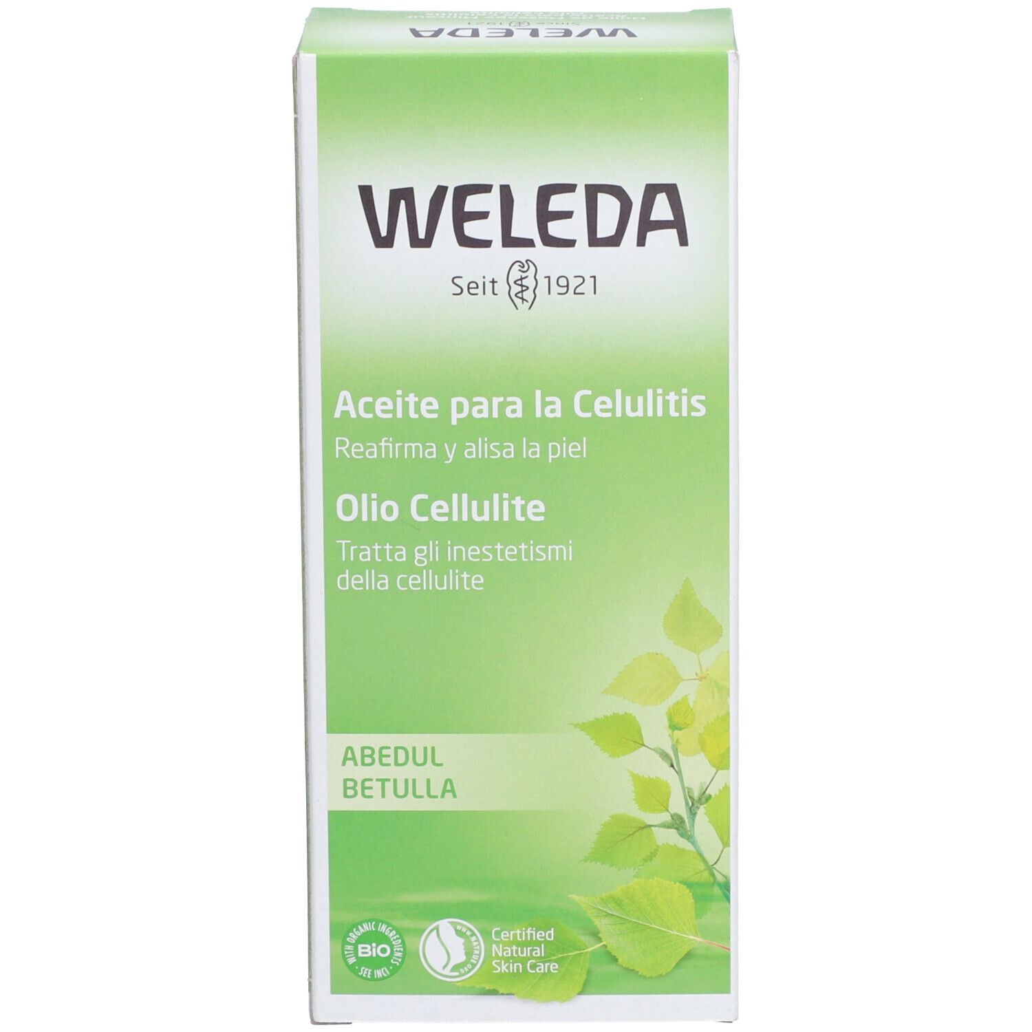 Emballage du produit. Nom du produit, marque WELEDA et certifications. Texte en plusieurs langues.