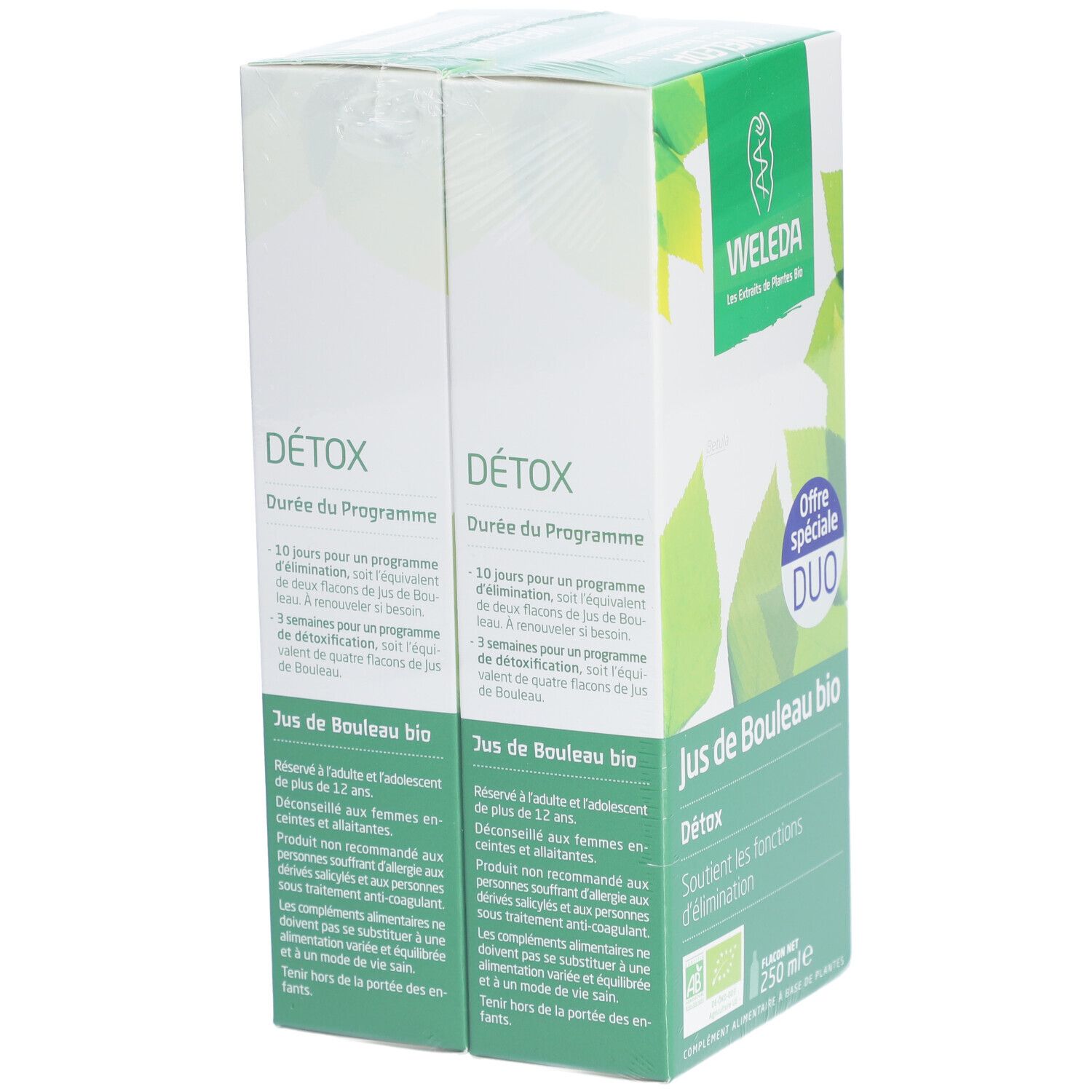 Deux boîtes Weleda 'Jus de Bouleau bio'. Boîtes vertes et blanches avec texte et logo. 'Offre spéciale DUO' visible.