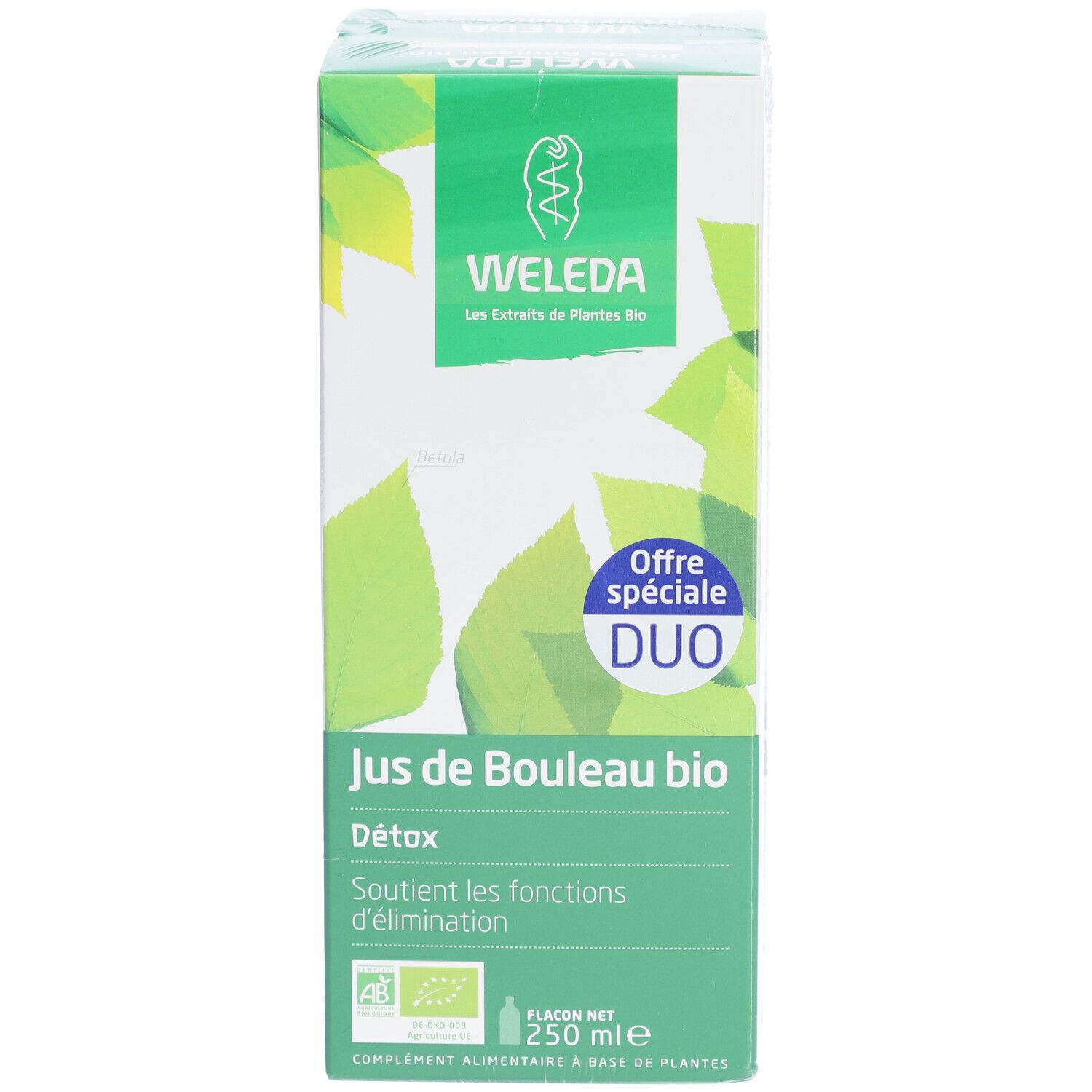 Boîte Weleda 'Jus de Bouleau bio'. Emballage vert et blanc avec logo et texte. Contient 250 ml.