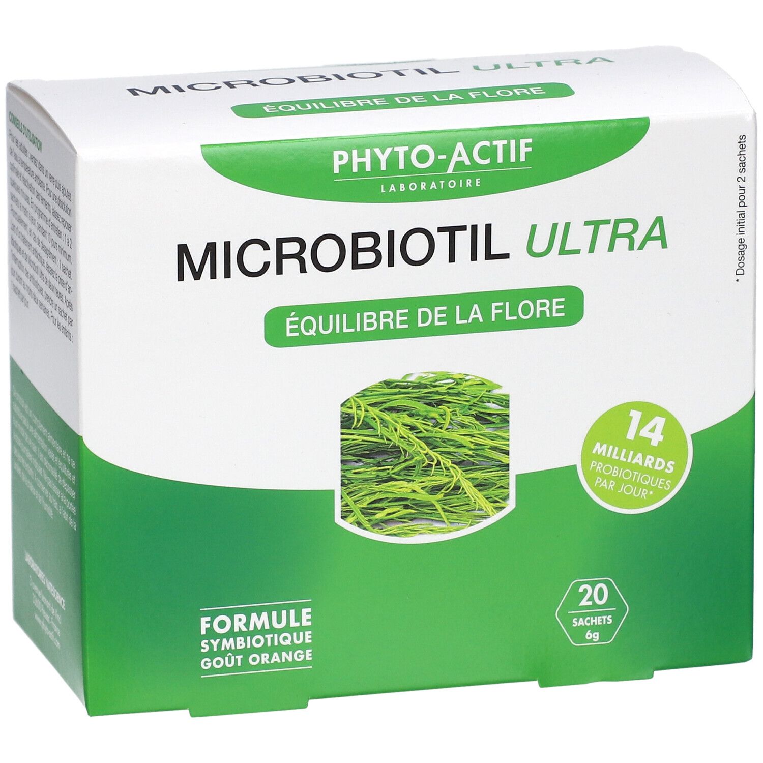 Boîte blanche et verte. Inscriptions: PHYTO-ACTIF, MICROBIOTIL ULTRA, ÉQUILIBRE DE LA FLORE. 20 sachets, 6g. 14 milliards de probiotiques.