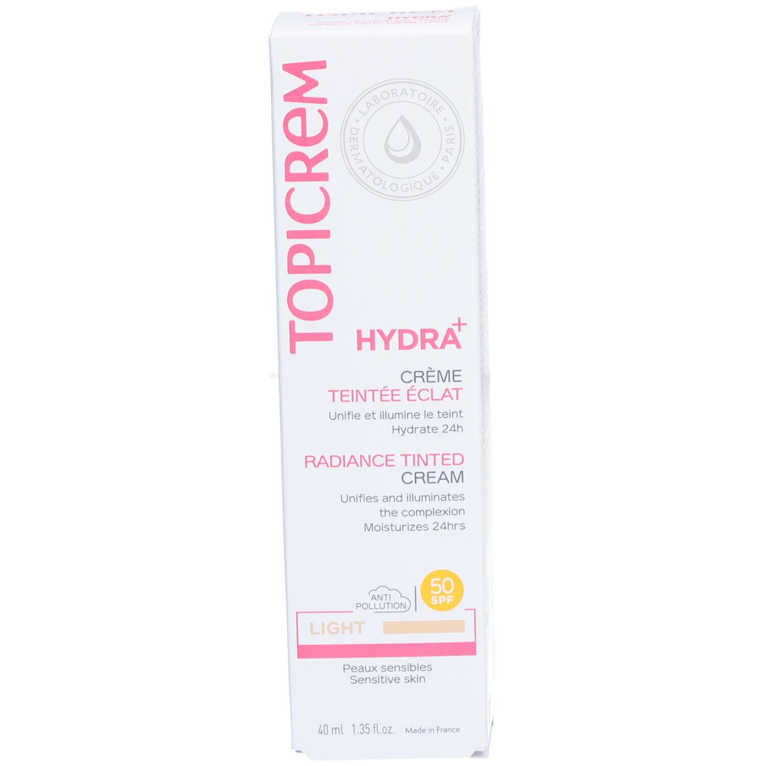 Boîte Topicrem HYDRA+ Crème Teintée Éclat Claire SPF50. Boîte blanche. Inscriptions: Hydra+, Crème Teintée Éclat, SPF50, Light.