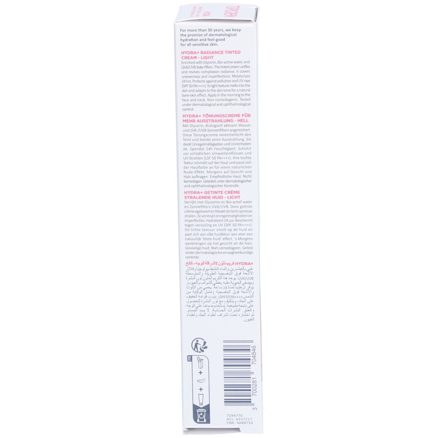 Dos de la boîte Topicrem HYDRA+ Crème Teintée Éclat Claire SPF50. Texte multilingue. Code-barres.