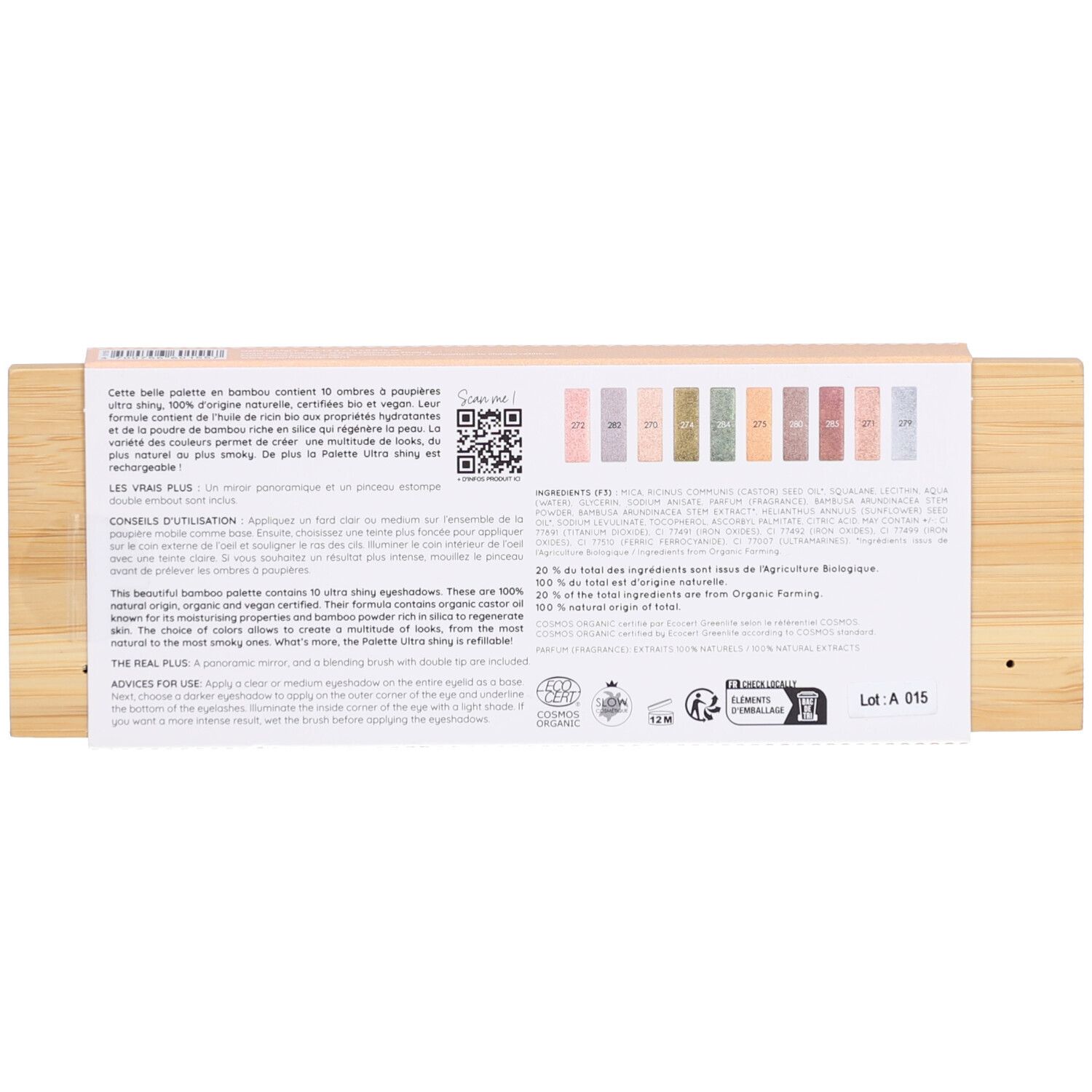 Dos de la palette de fards à paupières. Texte avec ingrédients et conseils d'utilisation. Certifications et QR code.