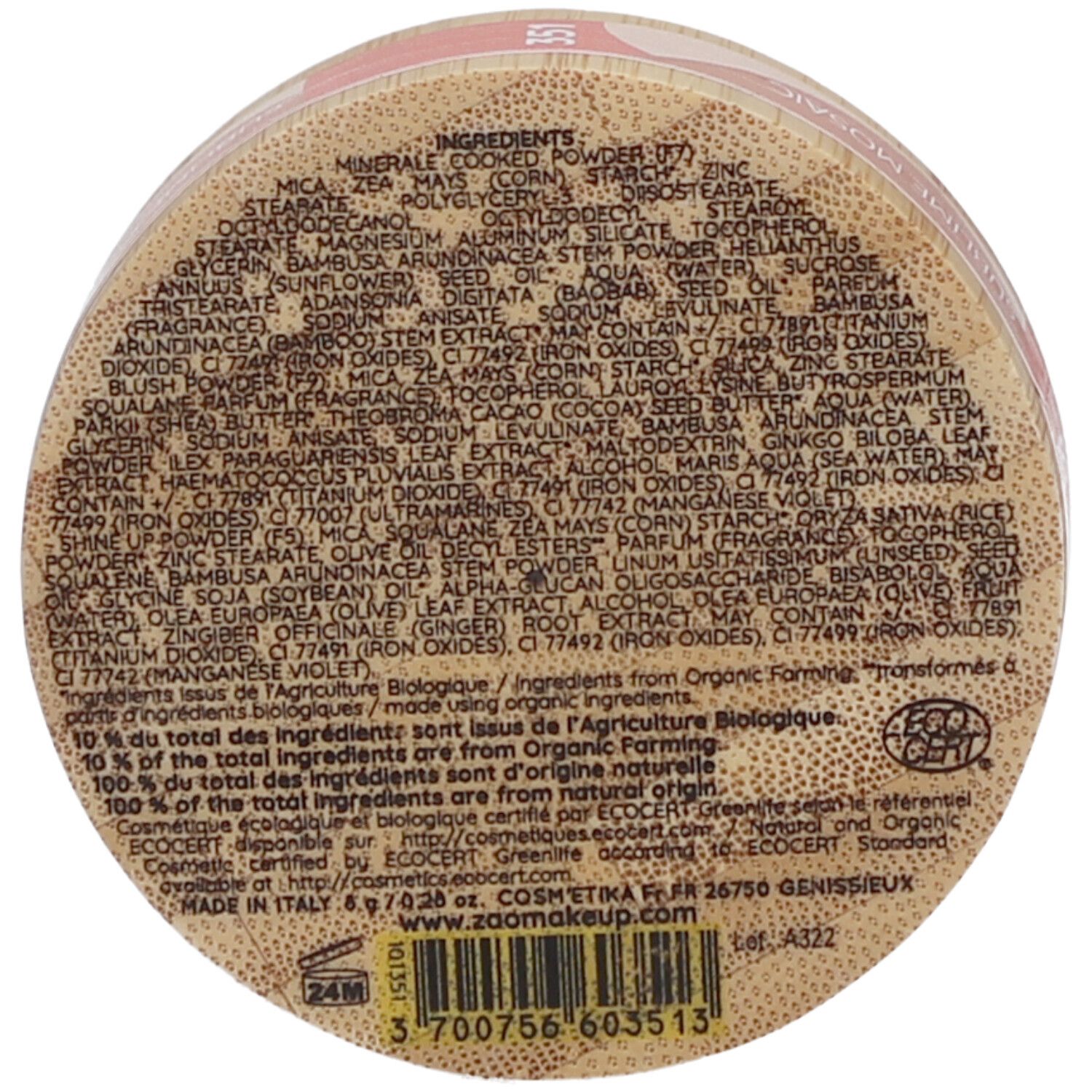 Fond de contenant rond avec liste d'ingrédients. Texte: Ingrédients, Organic Farming, Made in Italy. Inscriptions: ZAO, 6.9 g, 24M.