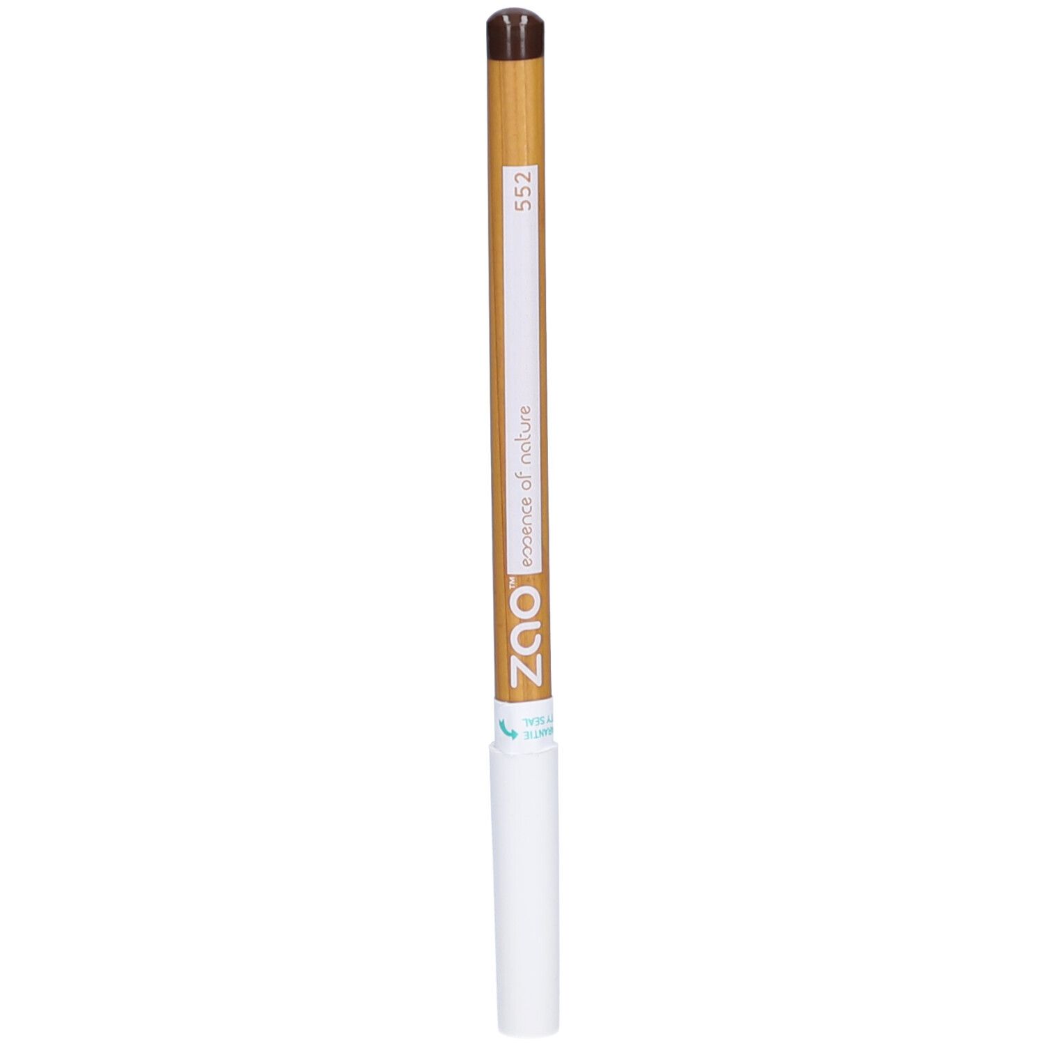 Crayon de maquillage ZAO marron. Corps en bois, extrémité blanche. Inscription : 552, ZAO essence of nature.