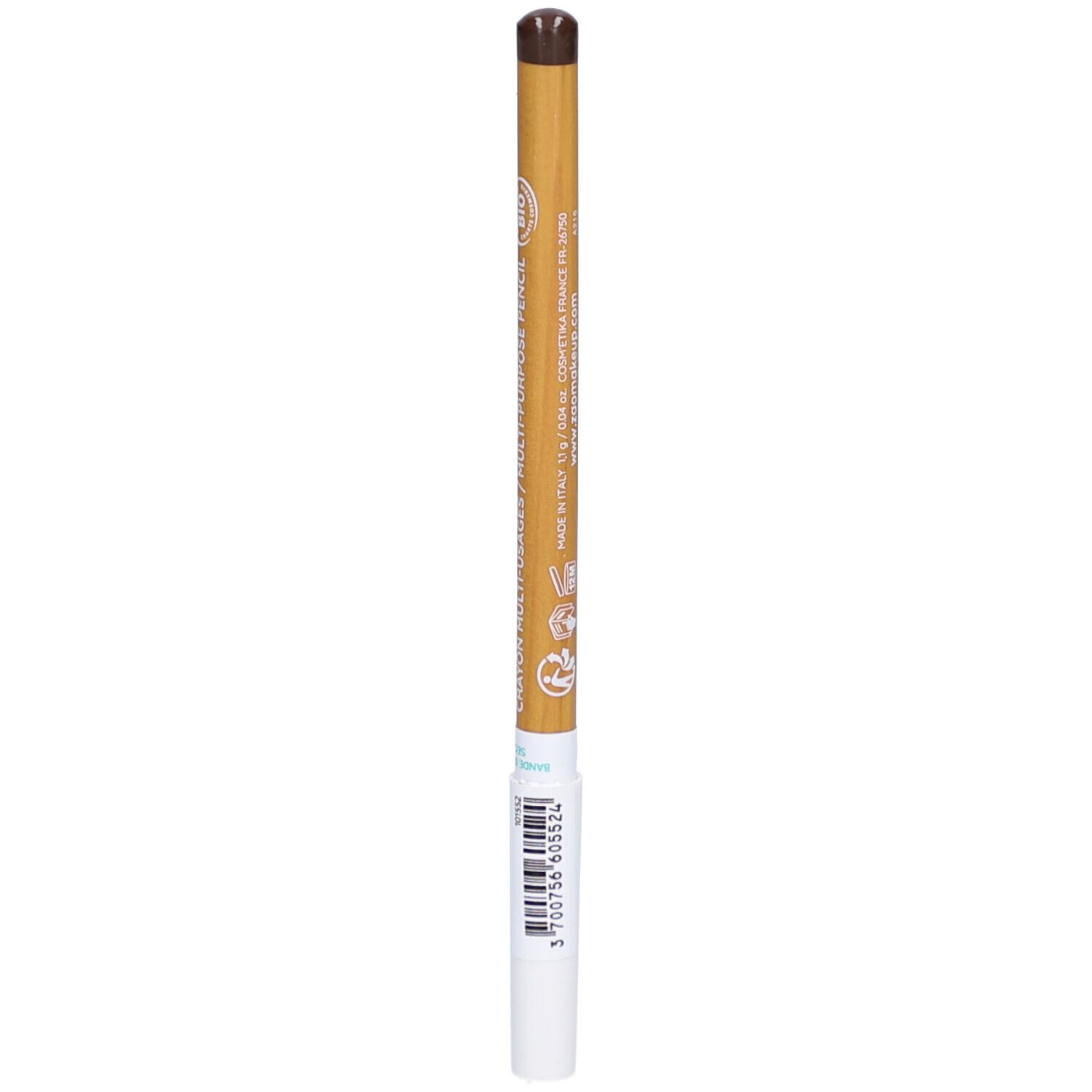 Crayon de maquillage ZAO marron. Corps en bois, extrémité blanche. Inscription : Made in Italy, code-barres.