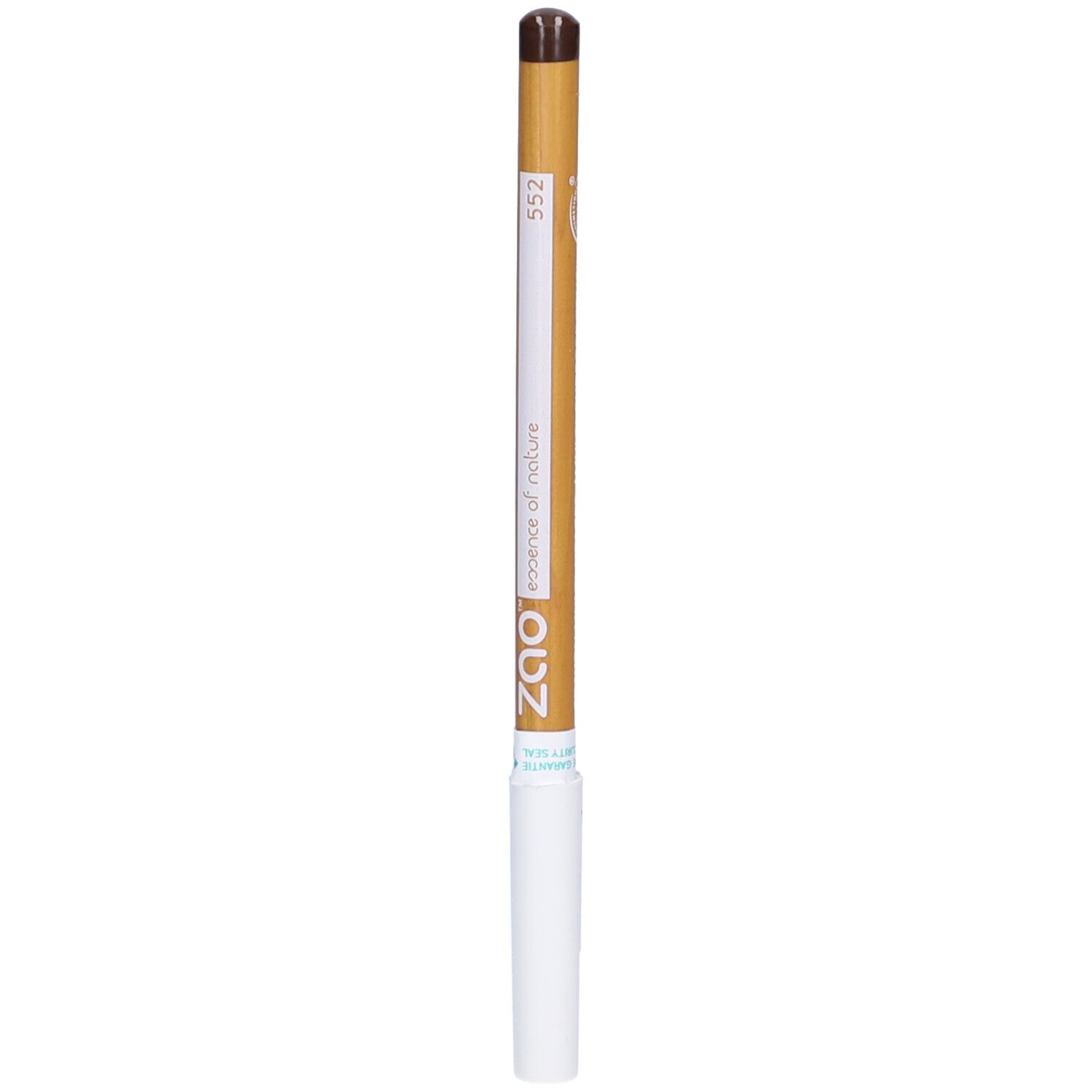 Crayon de maquillage ZAO marron. Corps en bois, extrémité blanche. Inscription : 552, ZAO essence of nature.