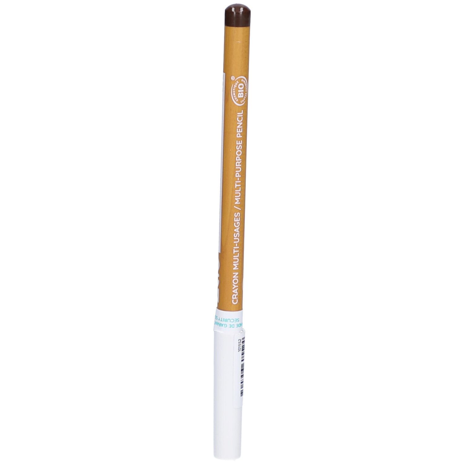 Crayon de maquillage ZAO marron. Corps en bois, extrémité blanche. Inscription : Crayon multi-usages, logo bio.