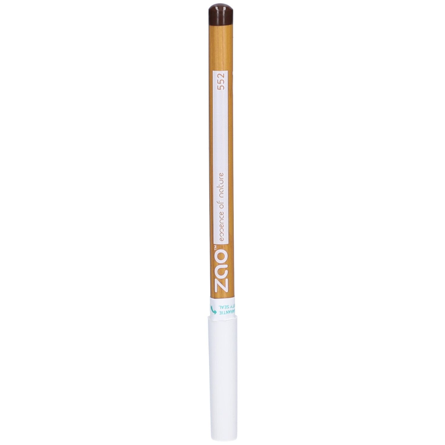 Crayon de maquillage ZAO marron. Corps en bois, extrémité blanche. Inscription : 552, ZAO essence of nature.