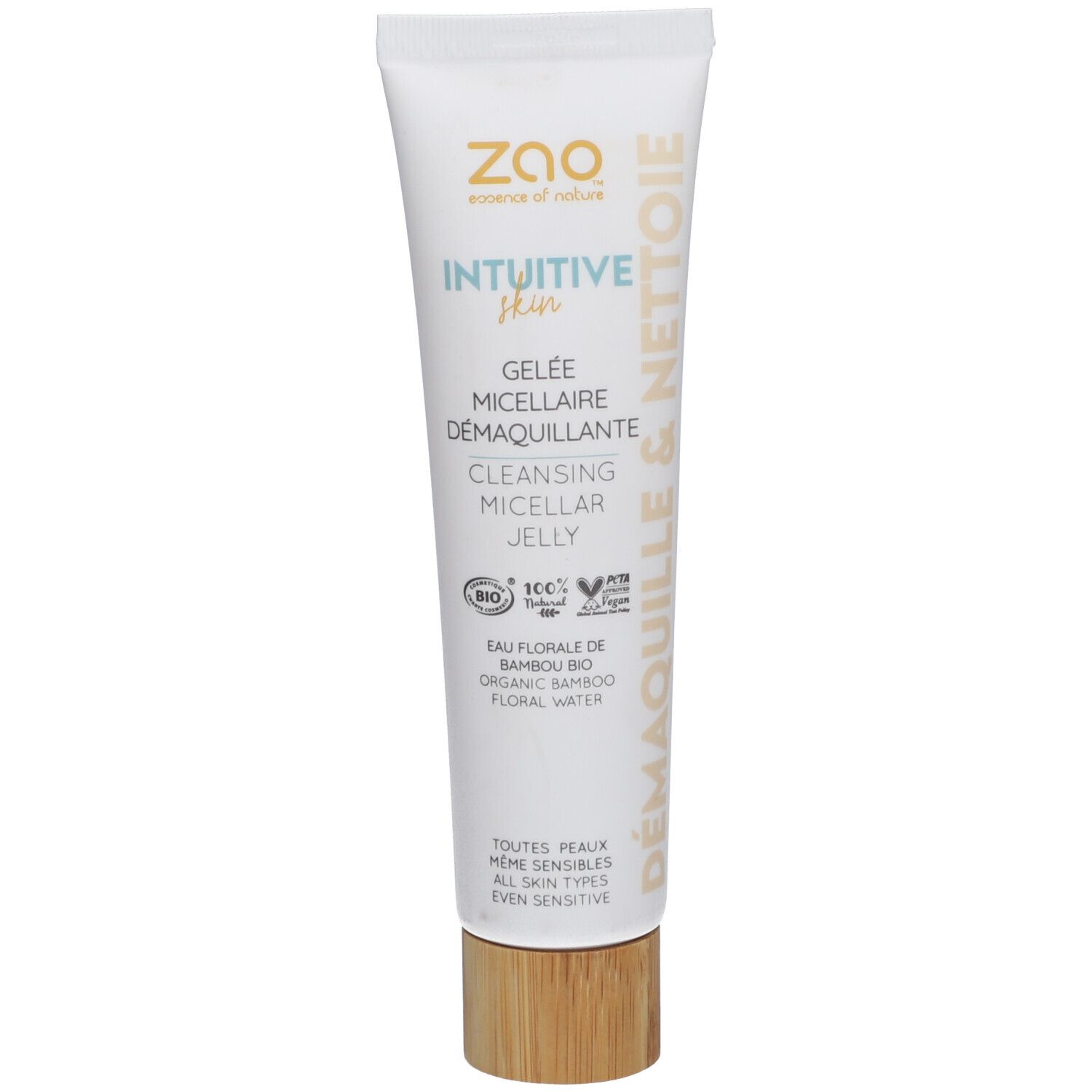 Tube blanc avec bouchon en bois. Texte: ZAO, Intuitive Skin, Gelée Micellaire Démaquillante, Cleansing Micellar Jelly. Certification bio.