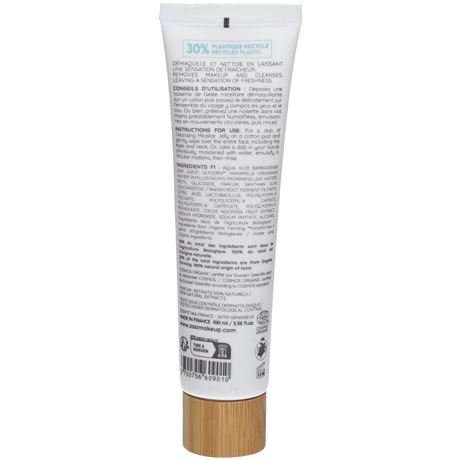 Dos du tube. Texte: 30% plastique recyclé. Instructions. Ingrédients. Certification bio. Code-barres. Fabriqué en France.