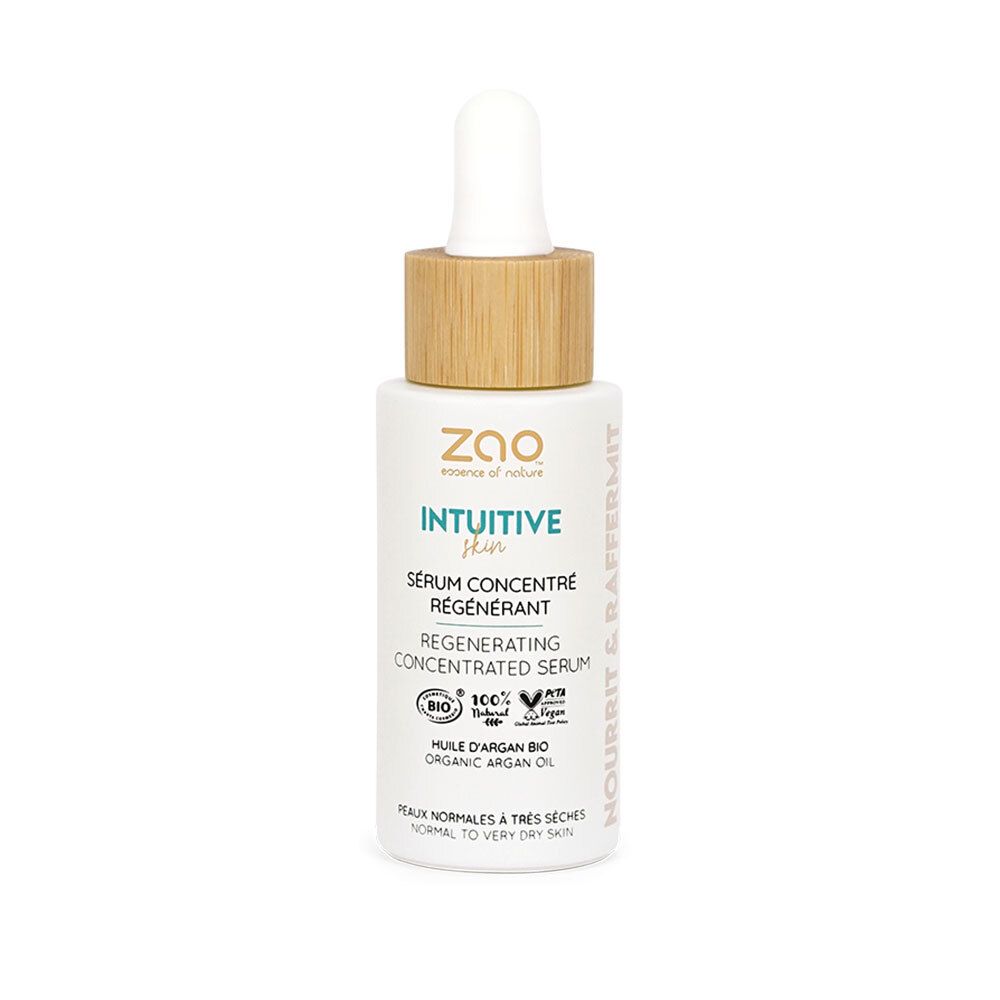 Flacon de sérum blanc avec bouchon en bois et pipette. Inscription: ZAO, Intuitive Skin, Sérum régénérant.