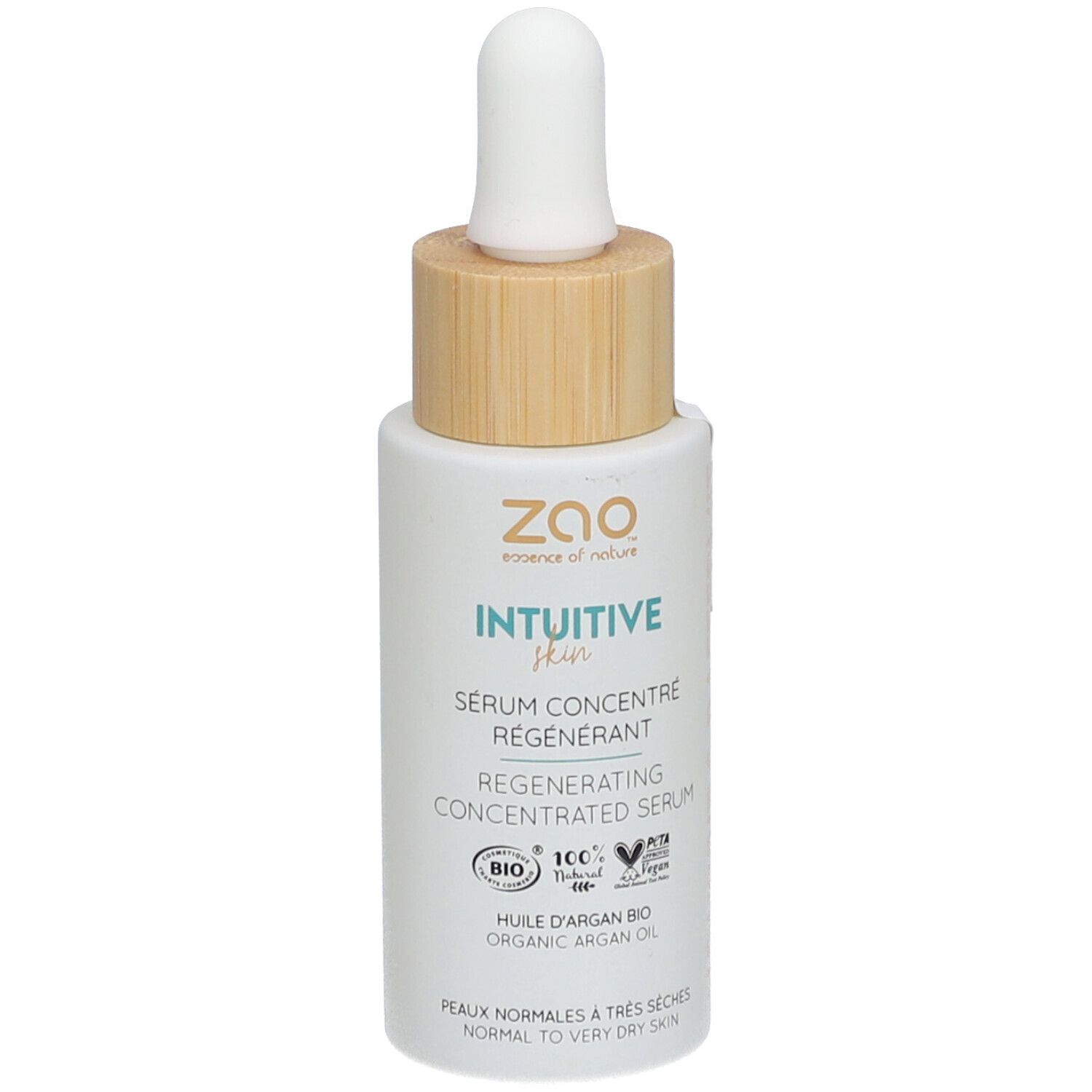 Flacon de sérum blanc avec bouchon en bois et pipette. Inscription: ZAO, Intuitive Skin, Sérum régénérant.