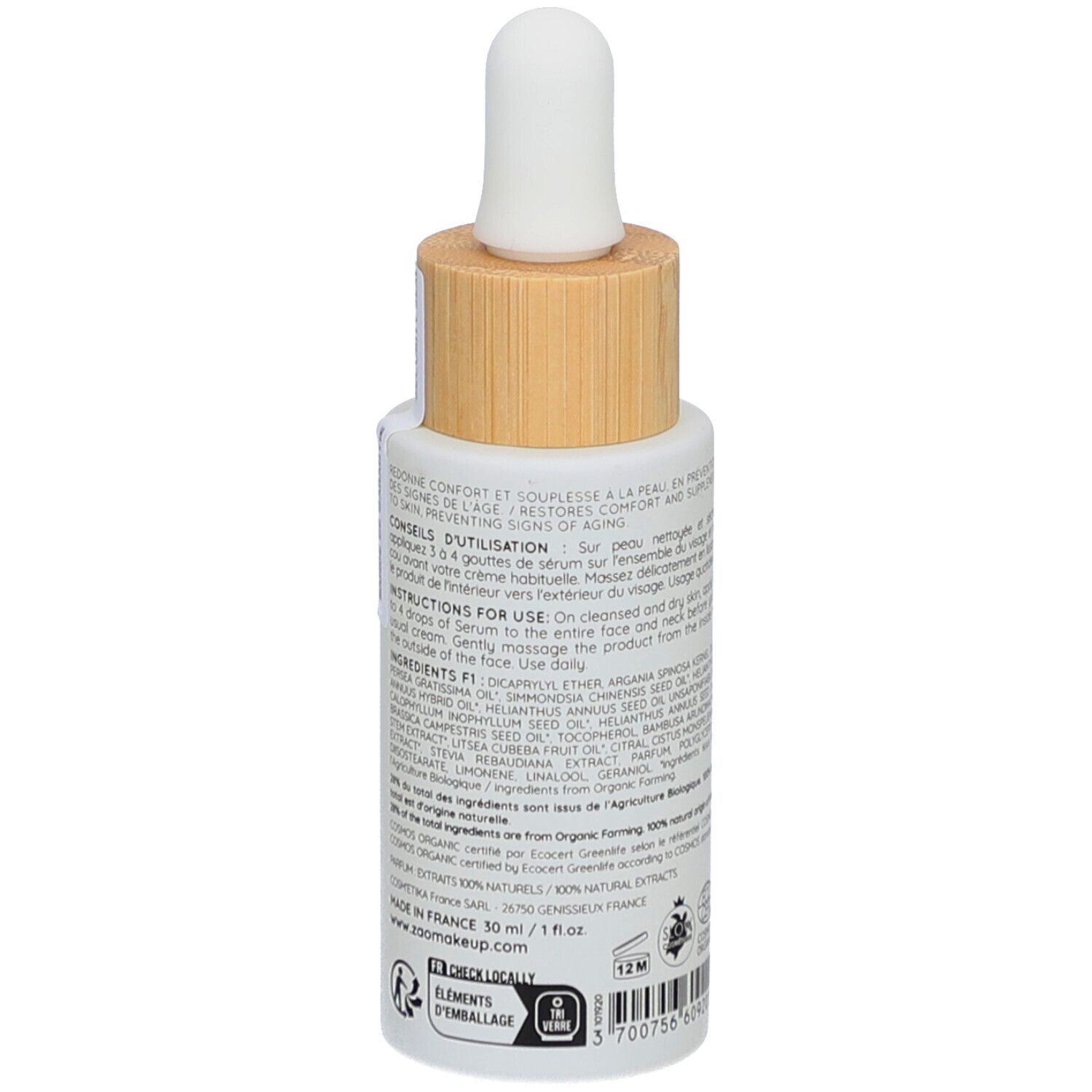 Flacon de sérum blanc avec bouchon en bois et pipette. Dos avec texte et certifications. Inscription: ZAO.