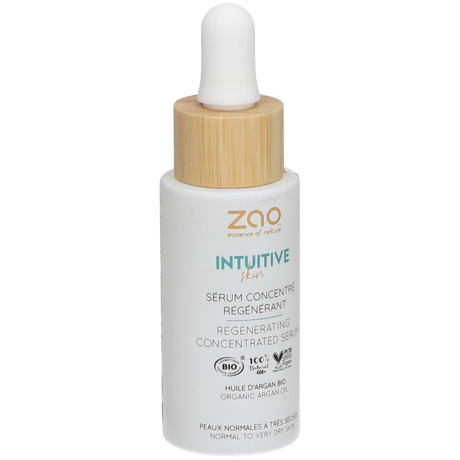 Flacon de sérum blanc avec bouchon en bois et pipette. Inscription: ZAO, Intuitive Skin, Sérum régénérant.