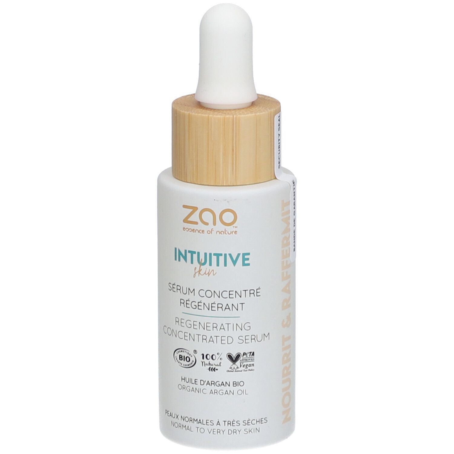 Flacon de sérum blanc avec bouchon en bois et pipette. Inscription: ZAO, Intuitive Skin, Sérum régénérant.