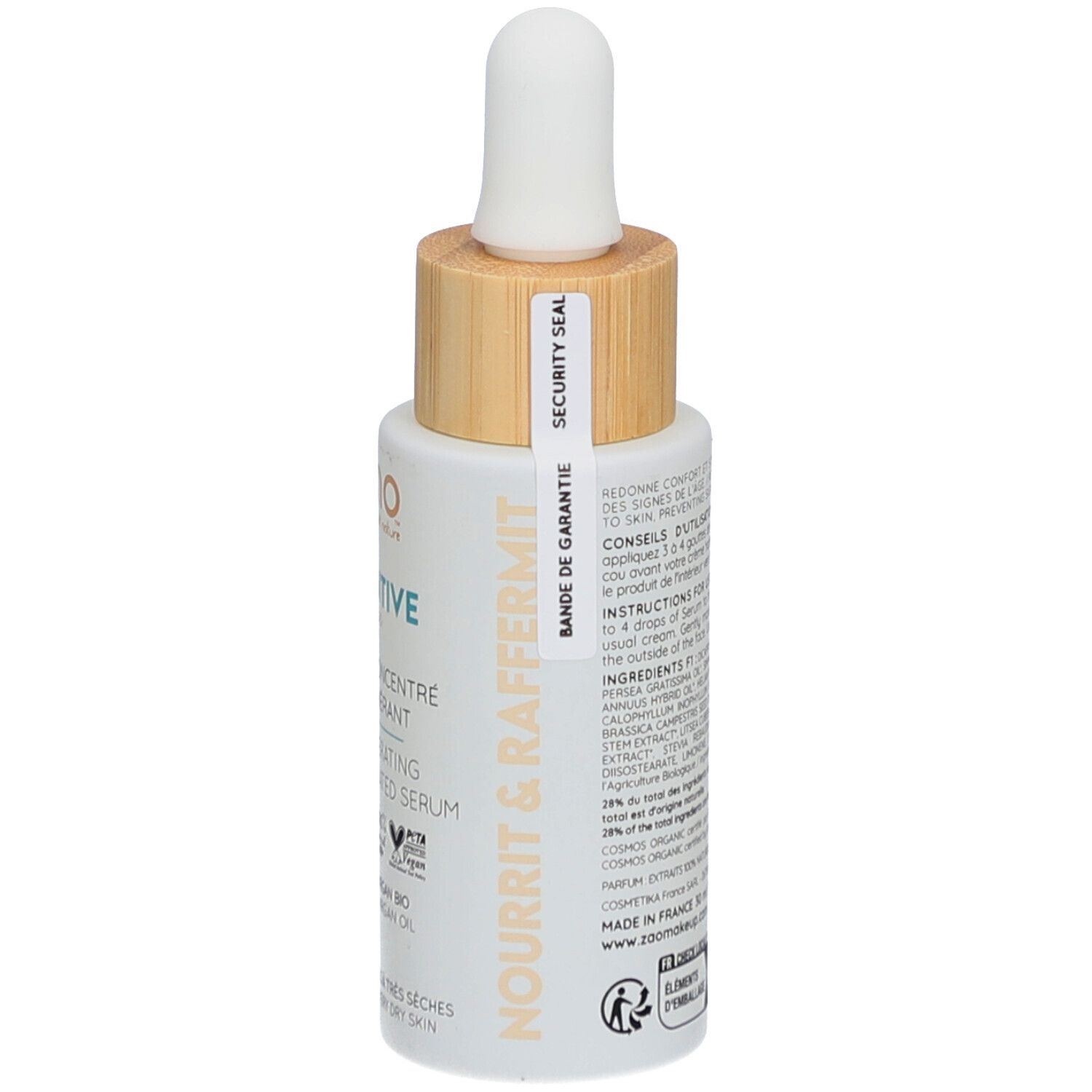 Flacon de sérum blanc avec bouchon en bois et pipette. Inscription: ZAO, Intuitive Skin, Sérum régénérant. Sceau.