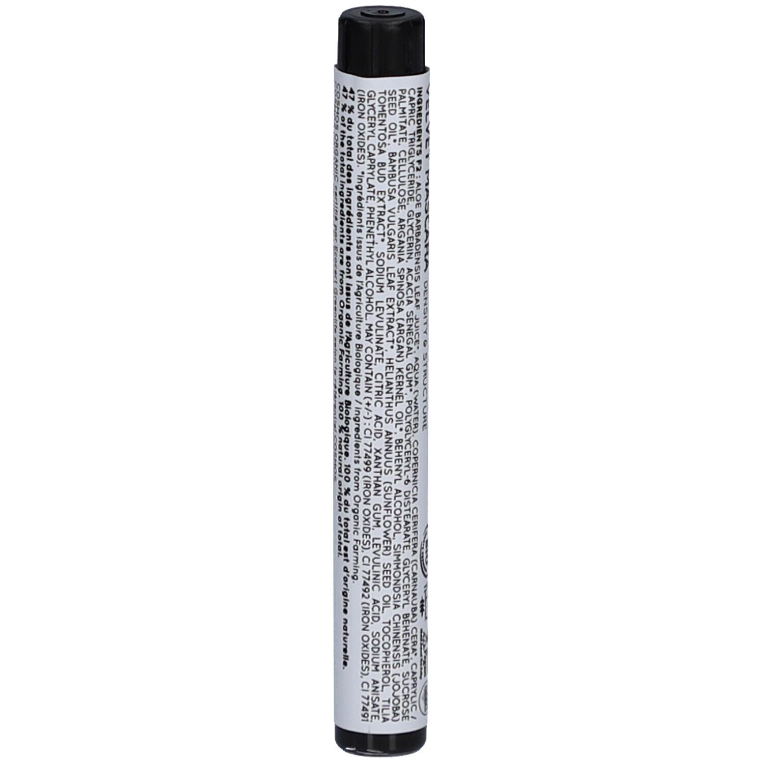 Tube de mascara cylindrique. Inscription : Ingrédients. Bouchon noir. Texte avec ingrédients et autres informations.