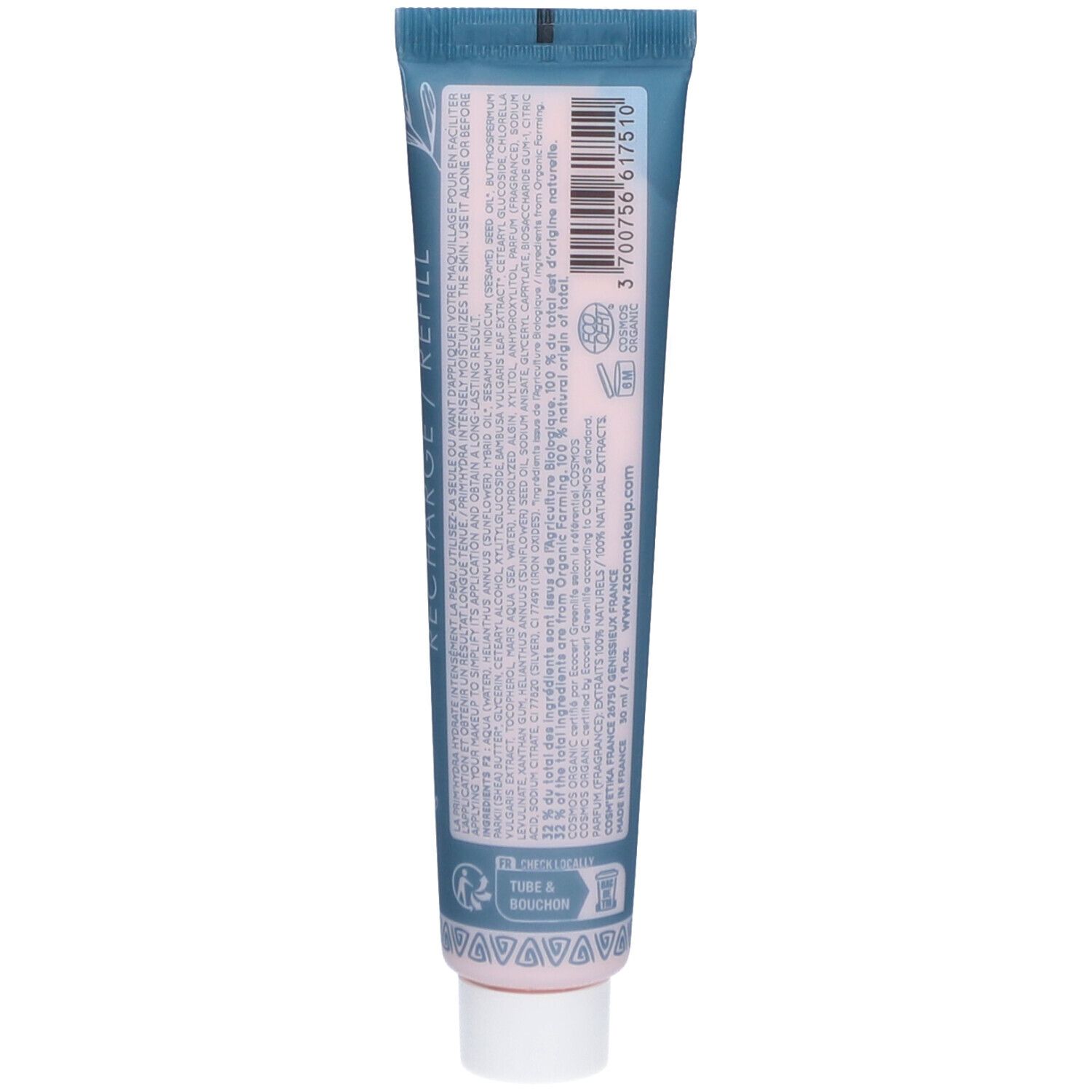 Dos du tube PRIM'HYDRA. Texte et ingrédients multilingues. Contenu rose visible. Logo Vegan.