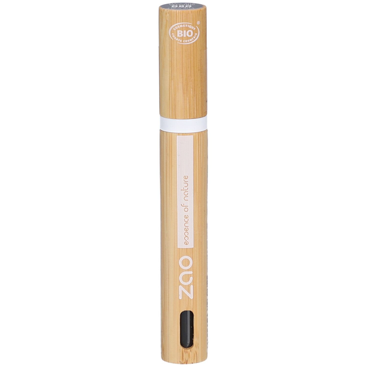 Tube de mascara Zao en bambou. Bande blanche, applicateur noir. Inscription: essence of nature, certification BIO.