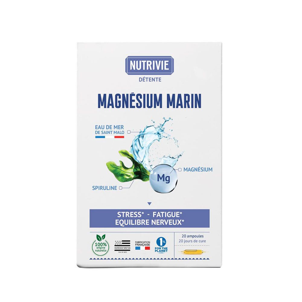 Nutrivie Magnésium Marin, boîte de 20 ampoules pour le stress et la fatigue.