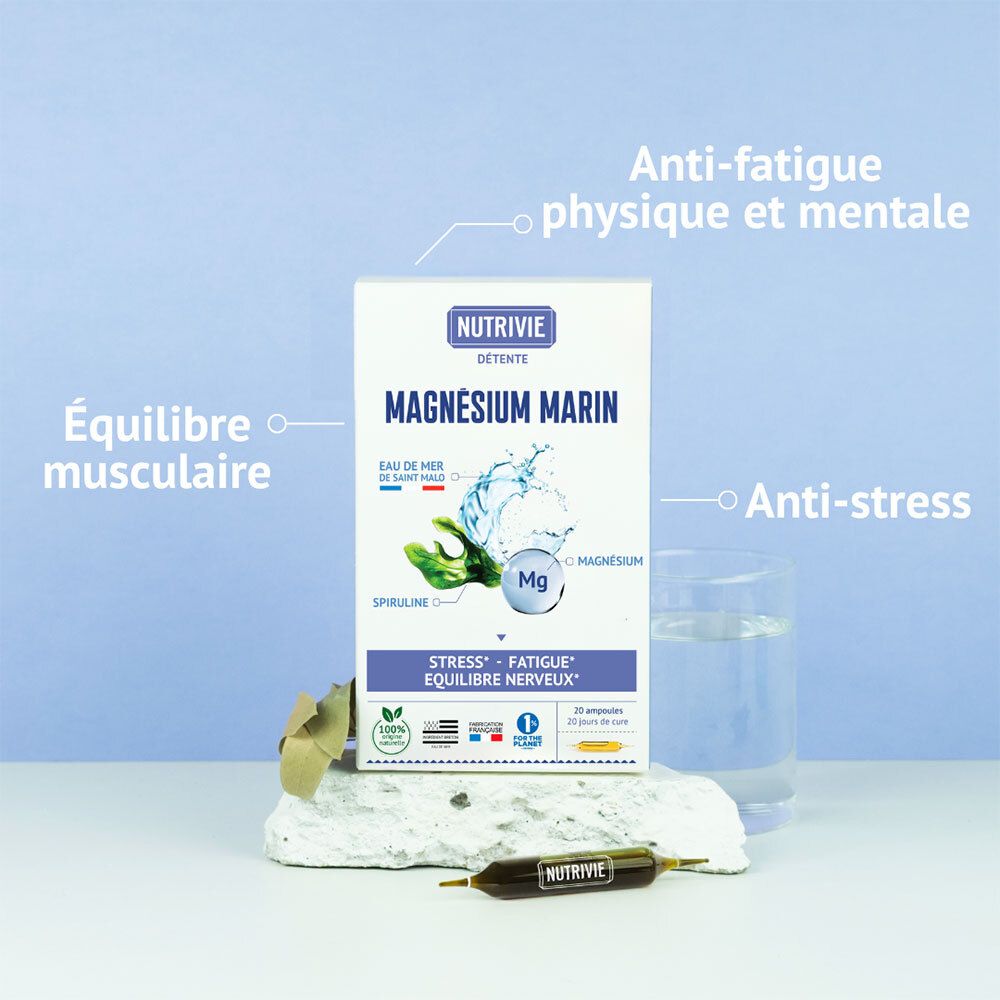 Nutrivie Magnésium Marin, boîte avec ampoule et verre d'eau, pour la détente.