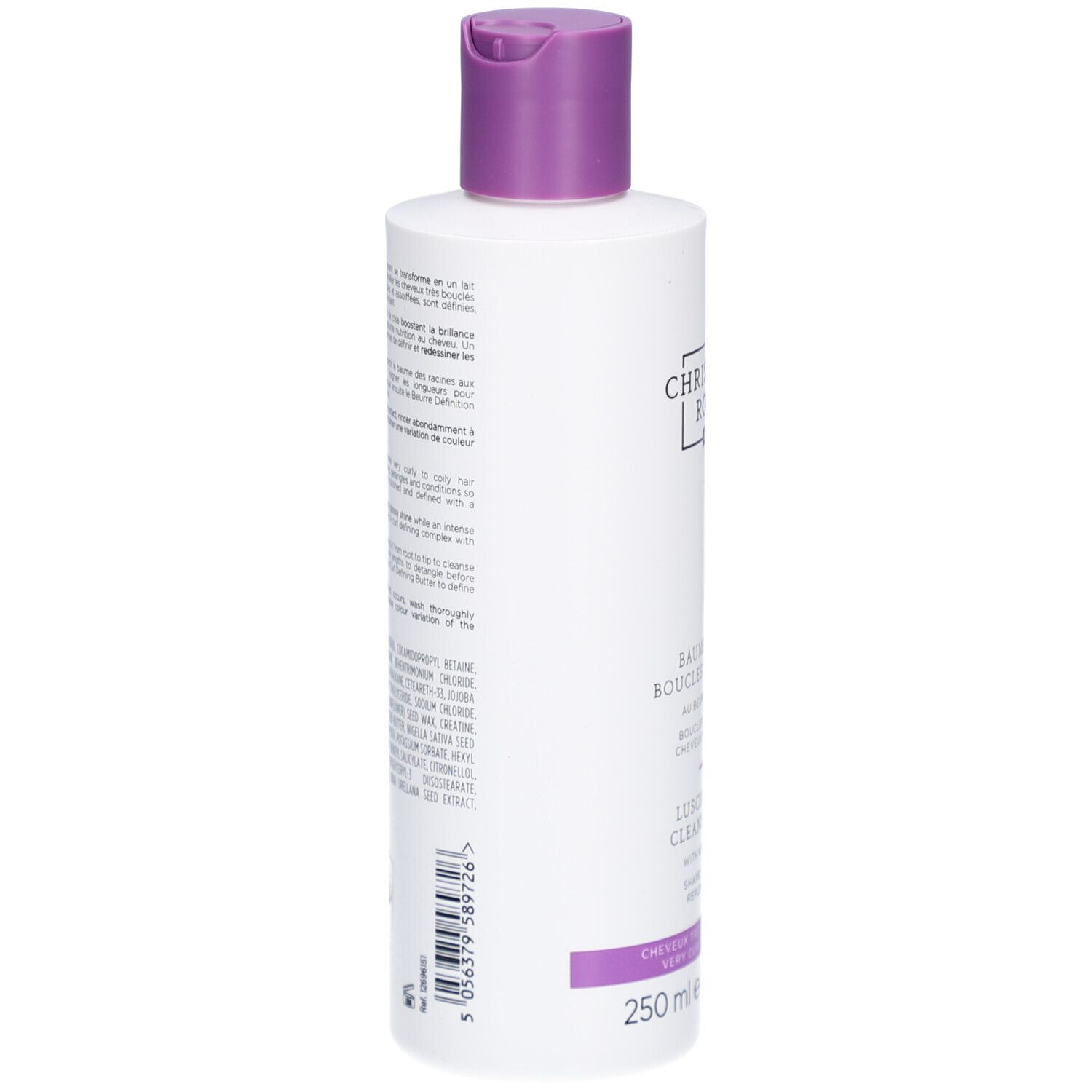 Dos du flacon. Texte: Christophe Robin, Baume Lavant Boucles Fabuleuses, ingrédients, 250 ml.