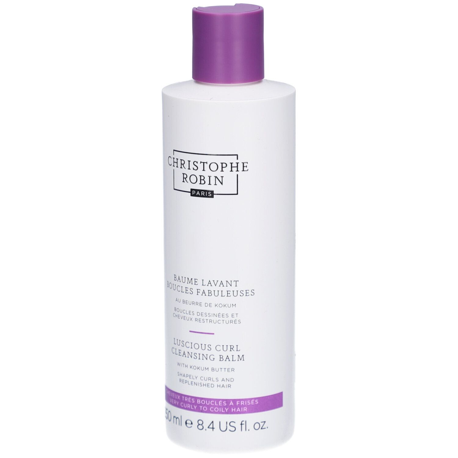 Flacon blanc et violet. Texte: Christophe Robin, Baume Lavant Boucles Fabuleuses, Luscious Curl Cleansing Balm. 250 ml.