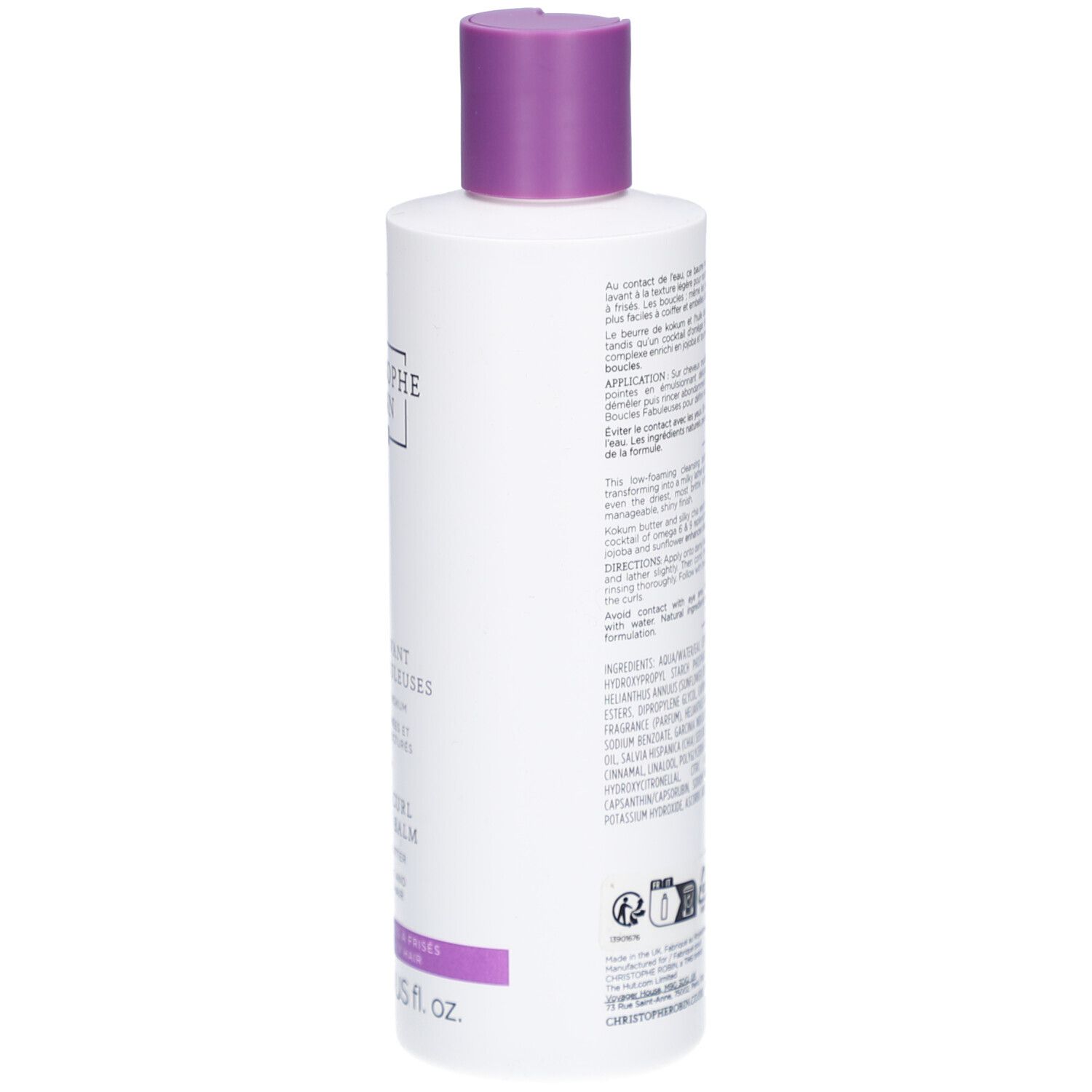 Dos du flacon. Texte: Christophe Robin, Baume Lavant Boucles Fabuleuses, ingrédients, 250 ml.