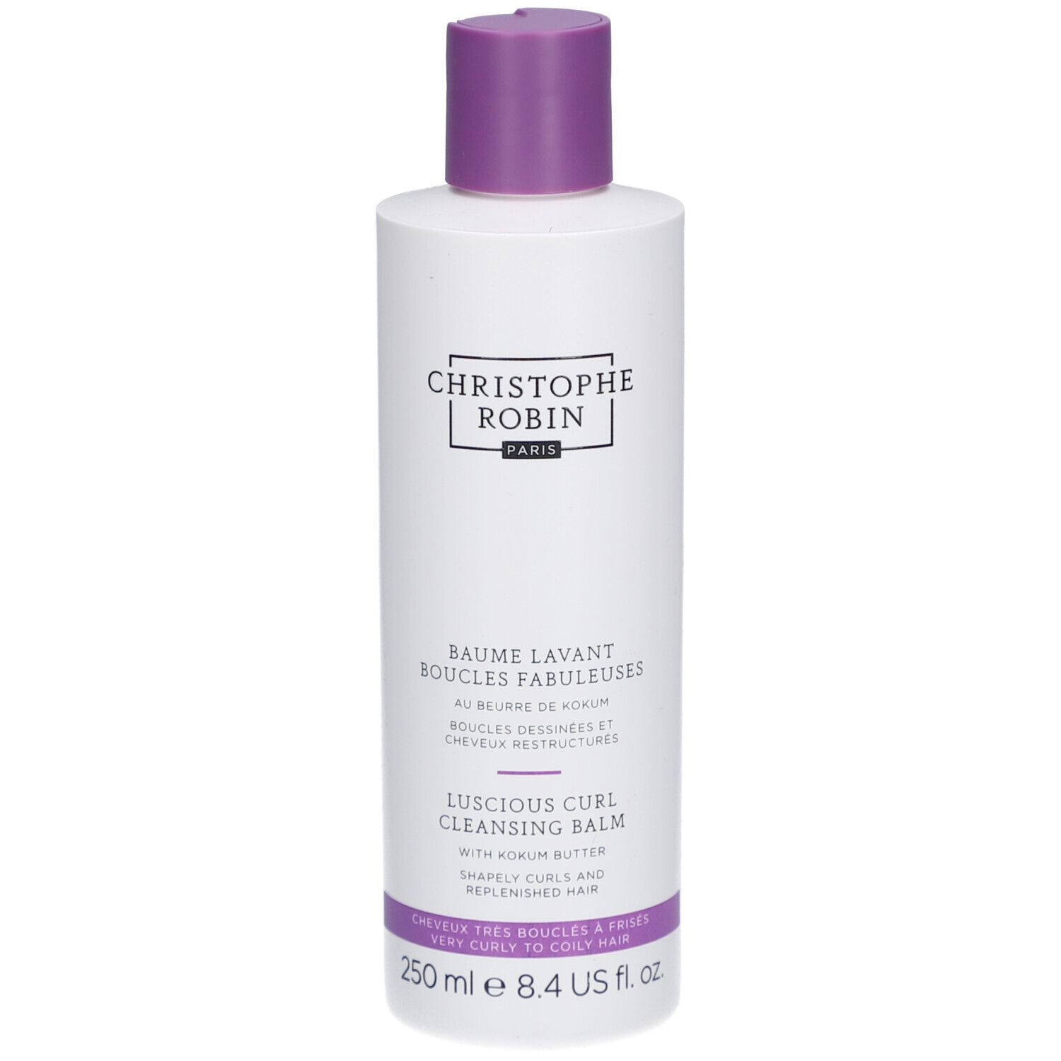 Flacon blanc et violet. Texte: Christophe Robin, Baume Lavant Boucles Fabuleuses, Luscious Curl Cleansing Balm. 250 ml.