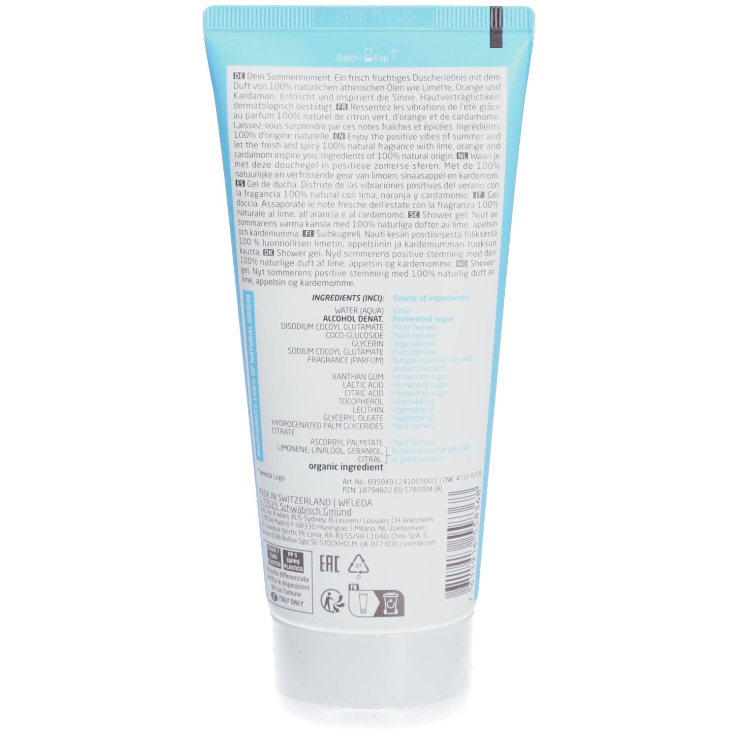 Tube bleu clair avec bouchon blanc. Texte multilingue. Liste des ingrédients et logos. Vue arrière.