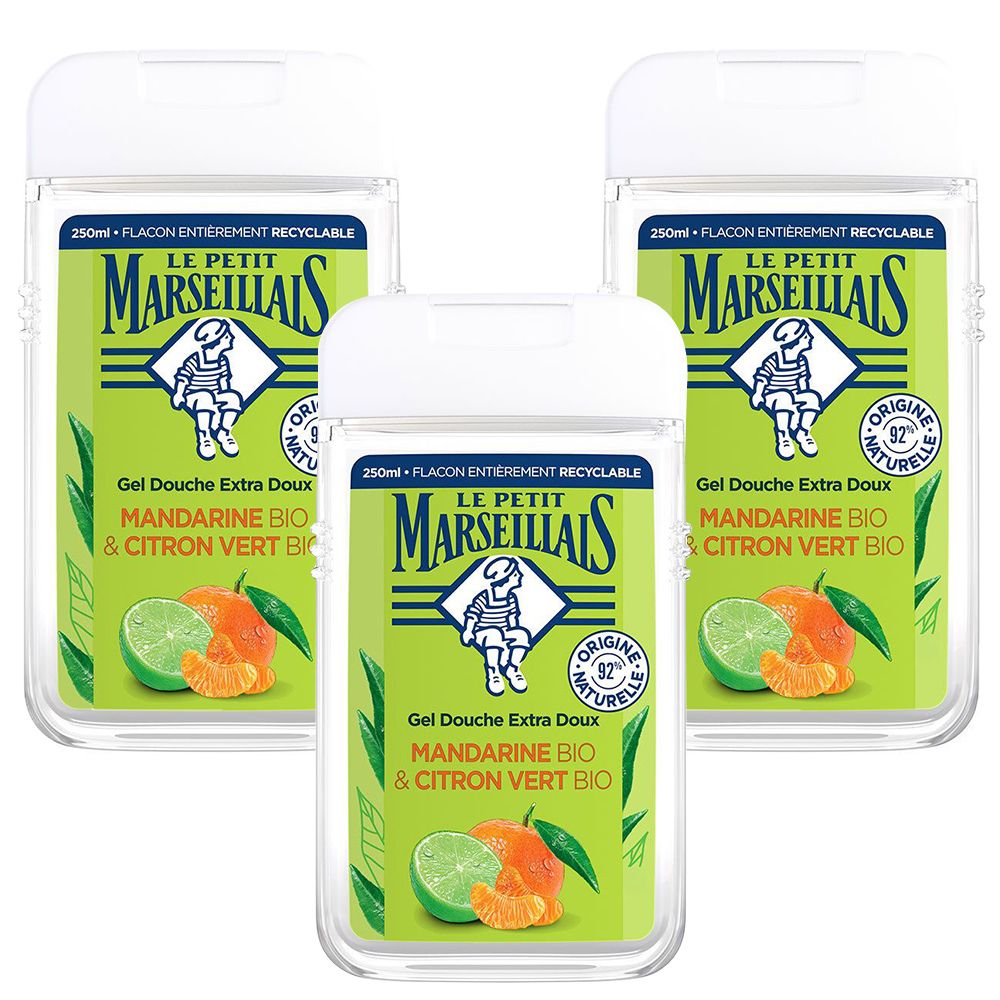 Le Petit Marseillais Gel Douche & Bain Extra Doux, Mandarine Bio & Citron Vert Bio, 3 x 250 ml