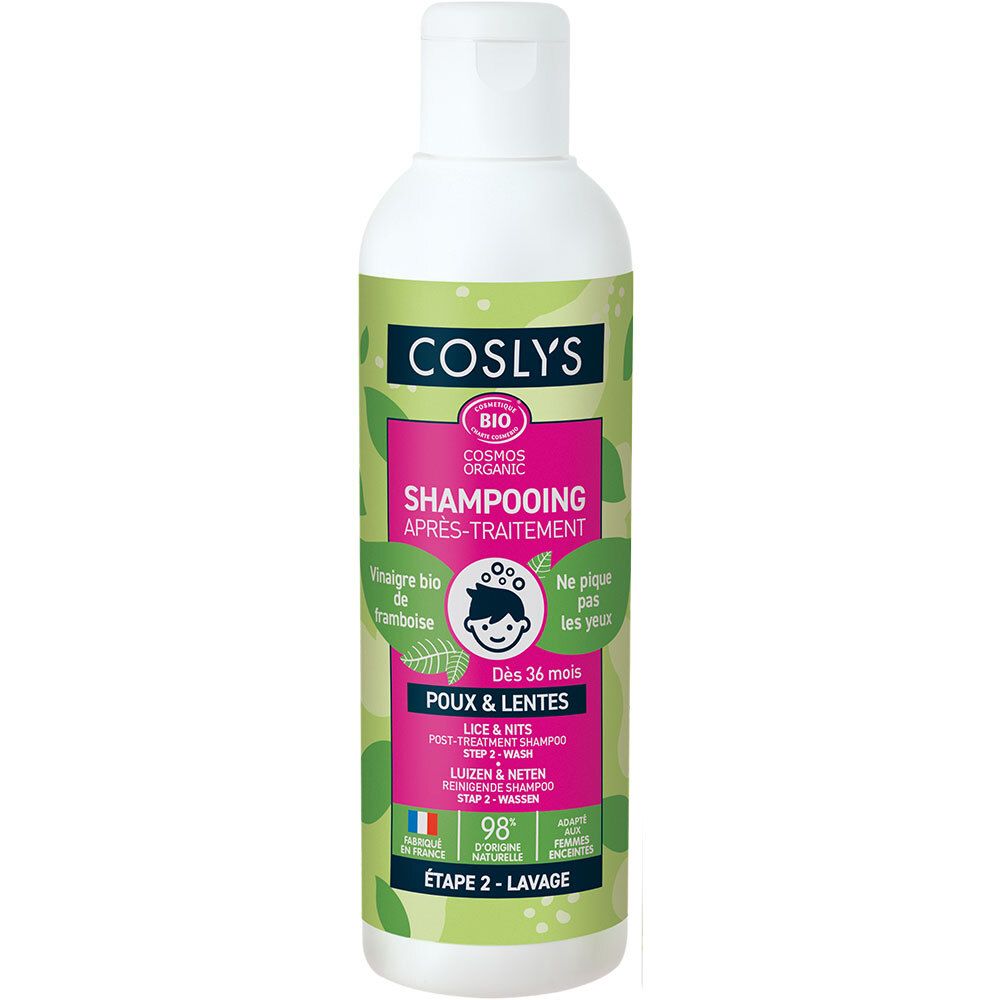Flacon blanc avec étiquette verte et rose. Inscription: Coslys, Shampooing Après-Traitement, Vinaigre de framboise bio. Dès 36 mois.