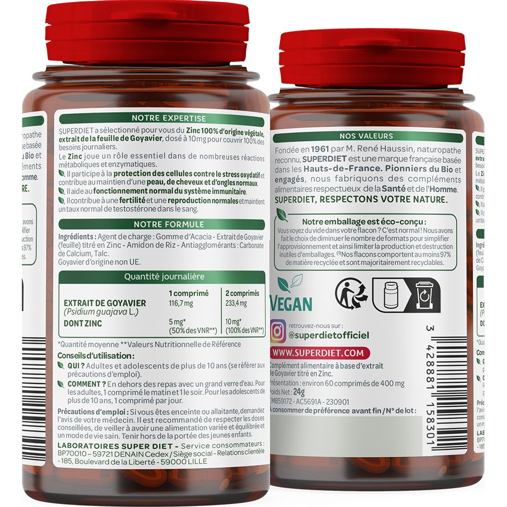 Dos du flacon. Texte: SUPERDIET, ingrédients, posologie, conseils d'utilisation. Logo vegan.
