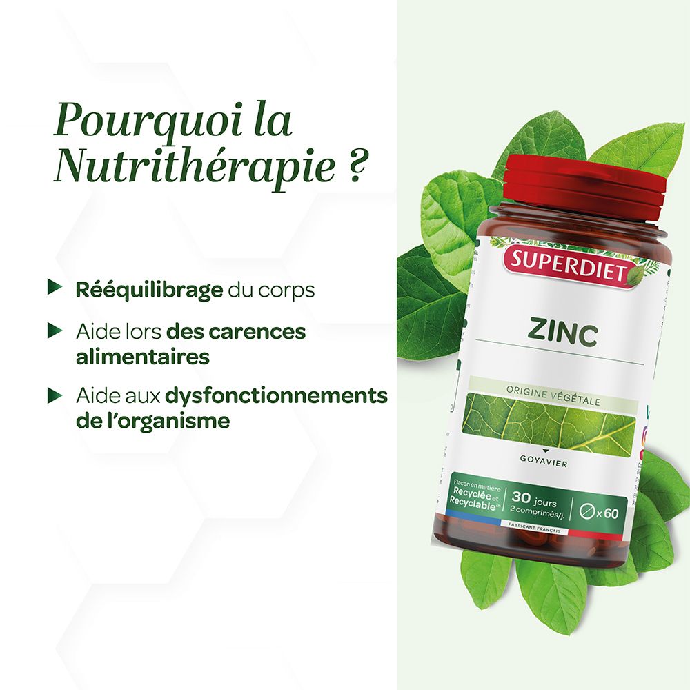 Flacon avec texte: SUPERDIET ZINC. Texte: Pourquoi la Nutri-thérapie ? Aide aux carences alimentaires.