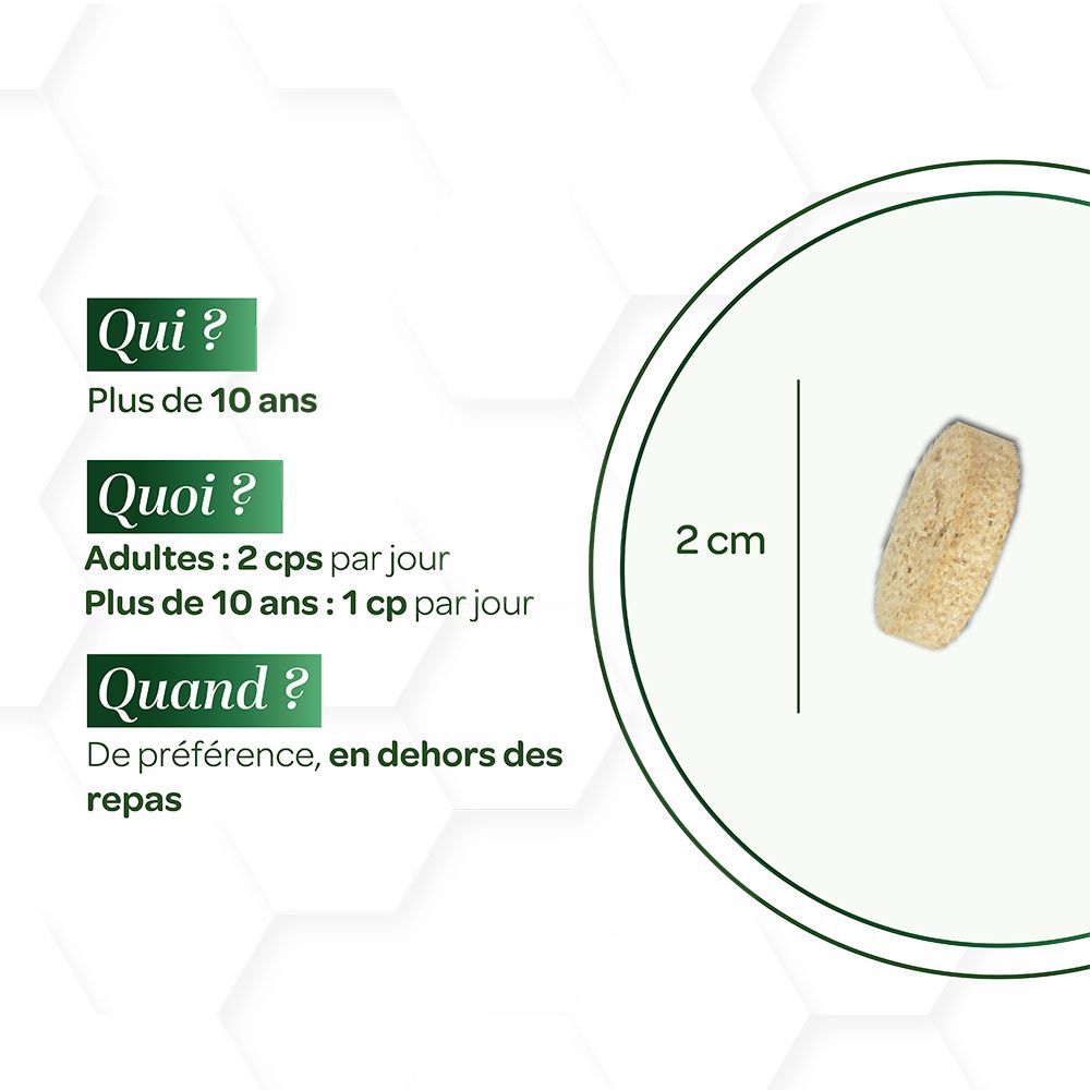 Comprimé à côté du texte. Texte: Pour qui ? Plus de 10 ans. Comment ? 2 cp par jour. Taille: 2 cm.