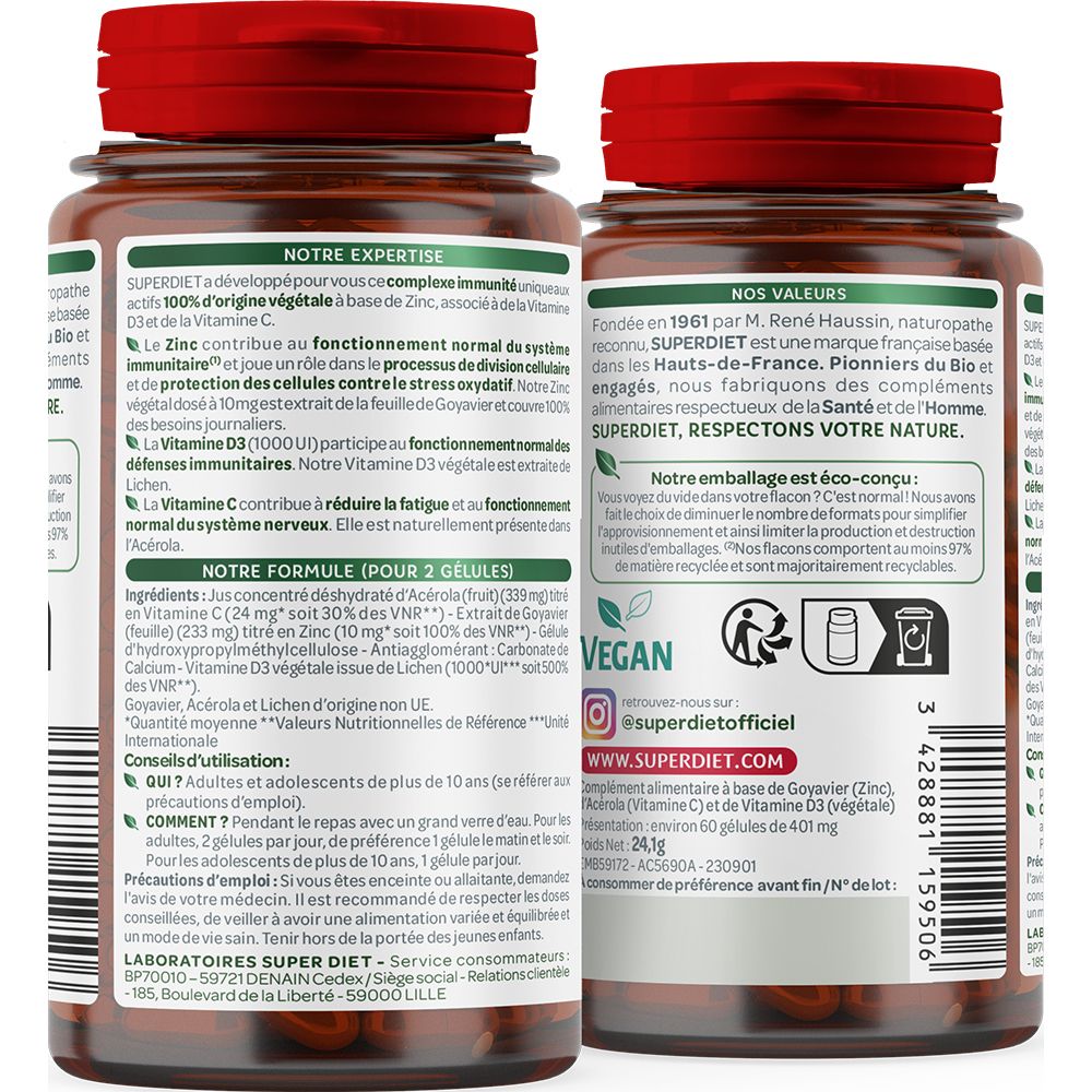Dos du flacon. Texte sur les ingrédients, l'utilisation et la marque Superdiet. Logo végan.
