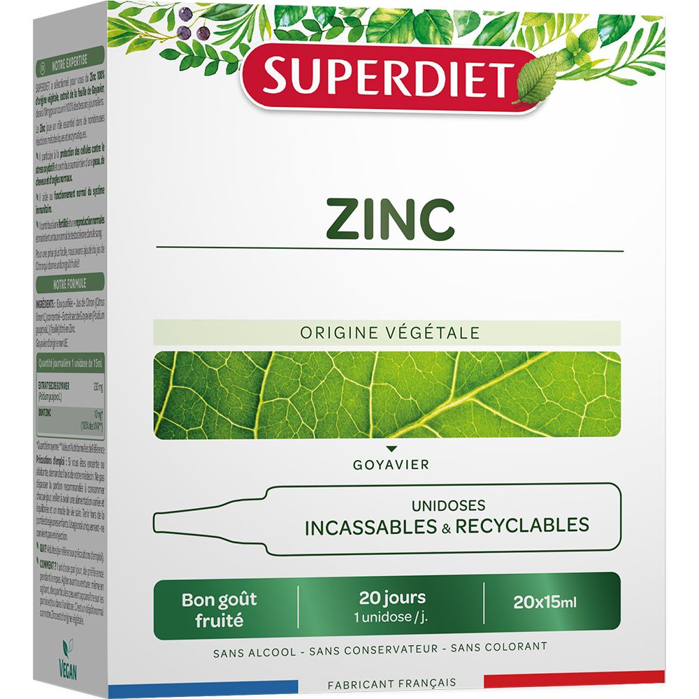 Boîte de ZINC unidoses. Marque Superdiet. Inscription: Origine Végétale, 20 unidoses, 20x15ml. Logo Vegan.