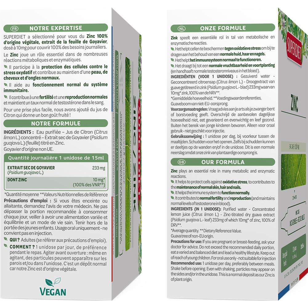 Boîte dépliée avec textes. Marque Superdiet. Ingrédients, conseils d'utilisation. Logo Vegan.