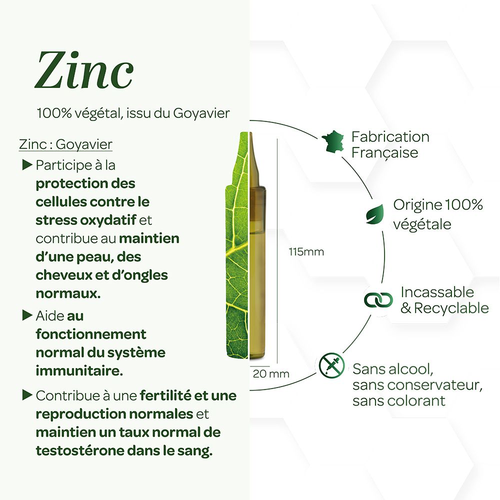 Ampoule de zinc, 115mm de haut, 20mm de large. Texte: 100% végétal, Fabriqué en France. Ingrédients, dimensions.