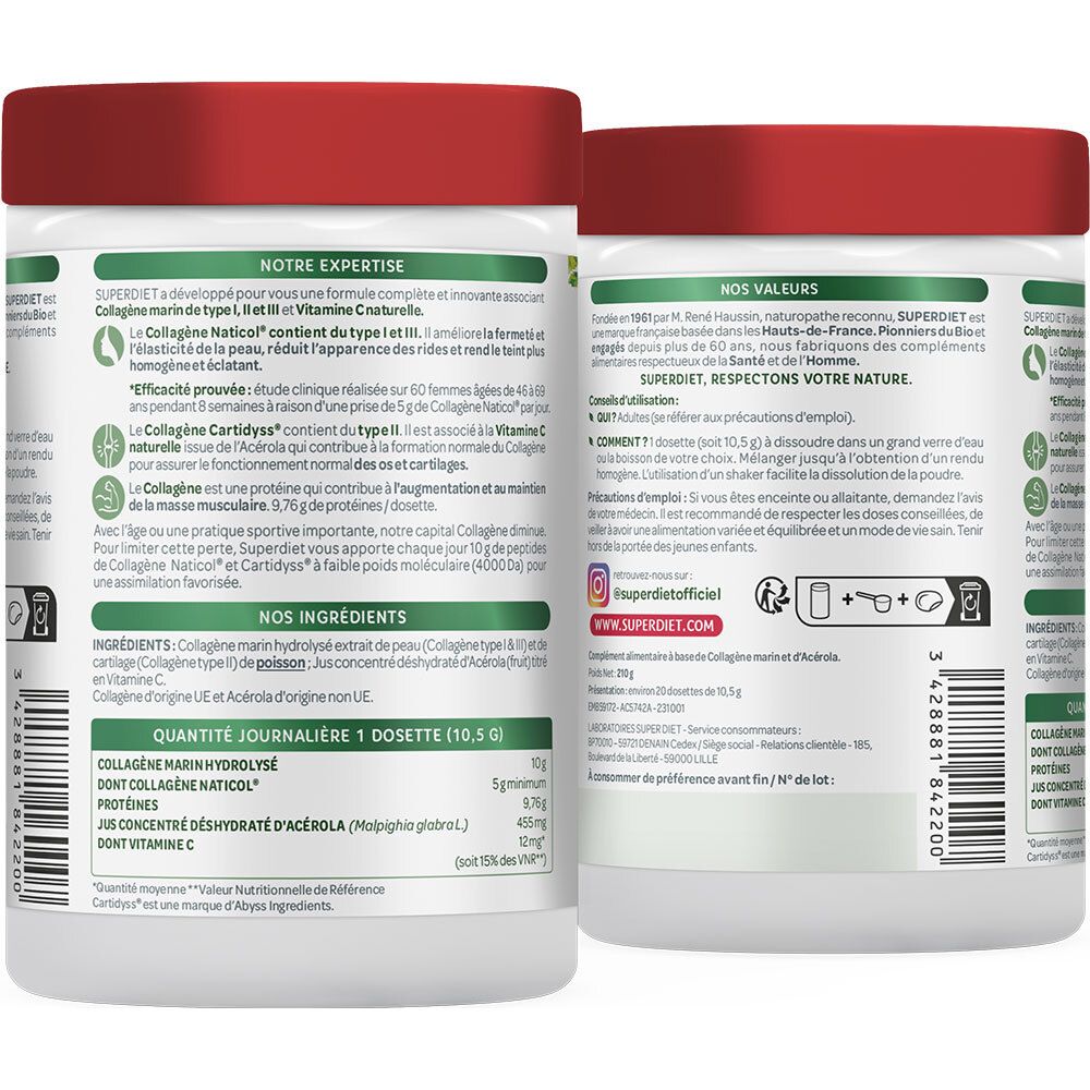 Deux étiquettes de produit. Ingrédients, dosage, informations du fabricant. Inscription: COLLAGÈNE MARIN. Logo du fabricant. 210g.