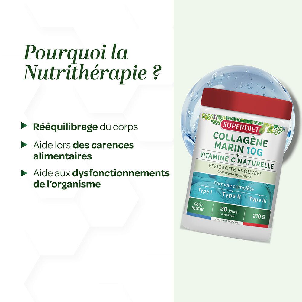 Image du produit dans un graphique. Informations sur la Nutrithérapie. Inscription: COLLAGÈNE MARIN 10G + VITAMINE C NATURELLE.
