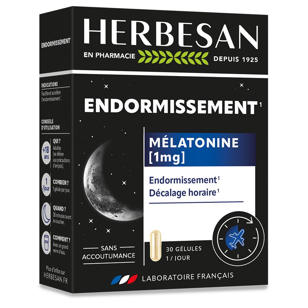 Boîte Herbesan, complément alimentaire. Contient 1mg de mélatonine. Pour l'endormissement et le décalage horaire. 30 gélules. Laboratoire français.