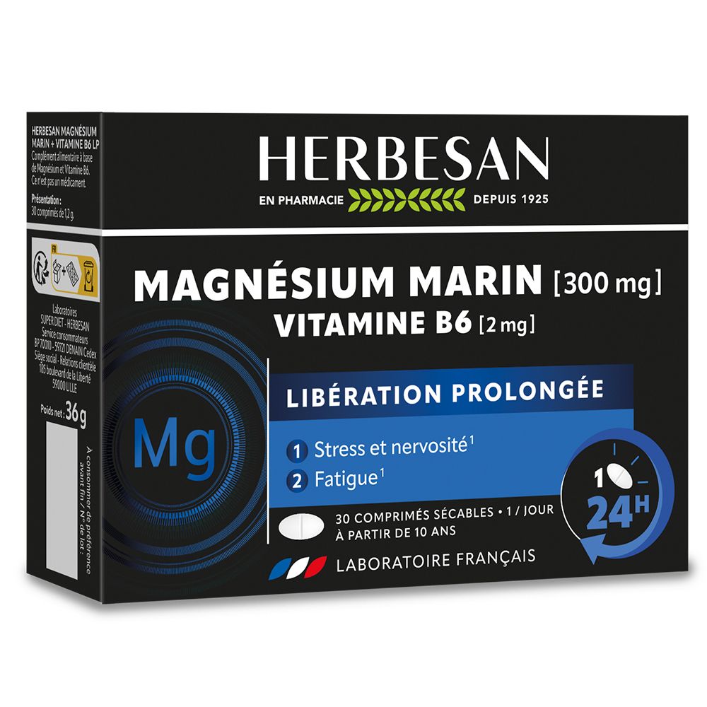 Boîte noire Herbesan Magnésium B6. Contient 30 comprimés. Texte: Magnésium Marin, Vitamine B6, Libération Prolongée.